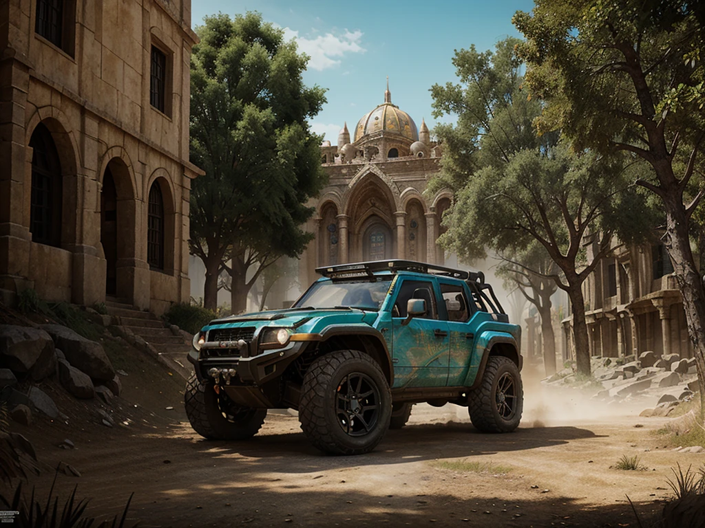 masterpiece, concept art, fantasy theme, (fantasy off-road vehicle:1.2), vibrant color, fantasy mythical ancient city background, volumetric lighting, global illumination, HD