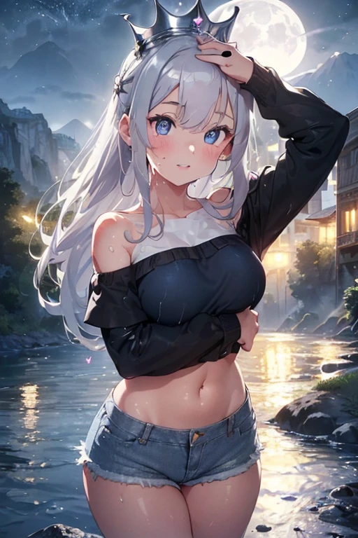 ♥full body,(looking back at the viewer),(sexy elegant blue knit long sweater,bikini),high angle,from above,cleavage,((1girl,cute,young,semi long beautiful silver hair,blunt bangs,beautiful blue eyes,medium boobs)),(beautiful beach,sand,waves,blue sky),(solo), ((realistic:1.5,Beautiful girl RAW photo)),(bathing in the sea), innocent smile,cinematic lighting and pause,