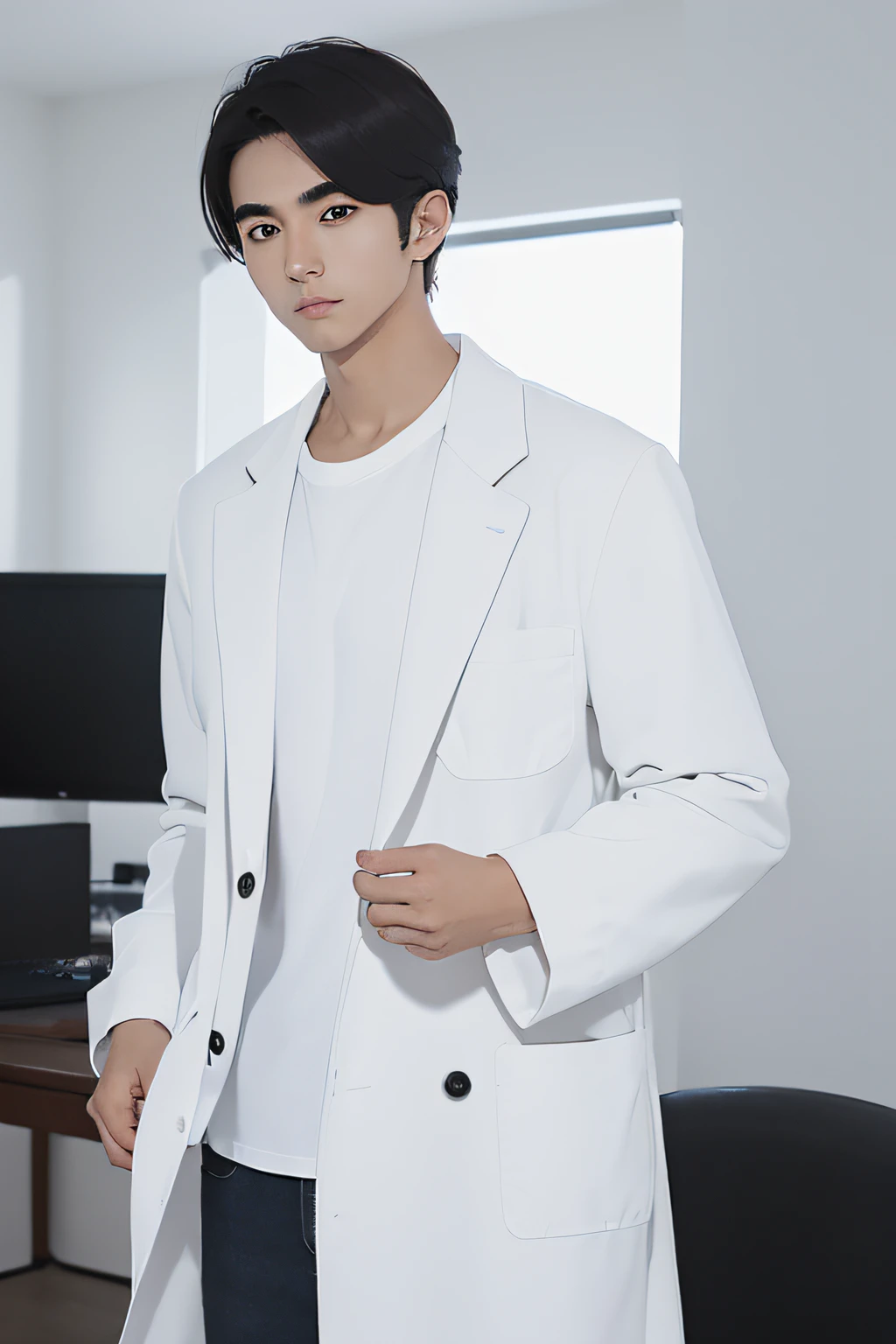 (((Korea person))),((Future)),((android))thinner eyebrows,(masutepiece), Best Quality,((Narrow-eyed)) ultrdetailed,Illustration,Ultra detailed view, (Realistic),(((A dark-haired))),((((1 Young Man)))),(full body Esbian),((Researcher in white coat)),((Cool images)),(Not wearing glasses),twinks,(light skinned),(Know),Black eyes,(gender: Natural face),((Long body)),((white  shirt)),clean lab,(Beautiful fece),(((Cool look)))