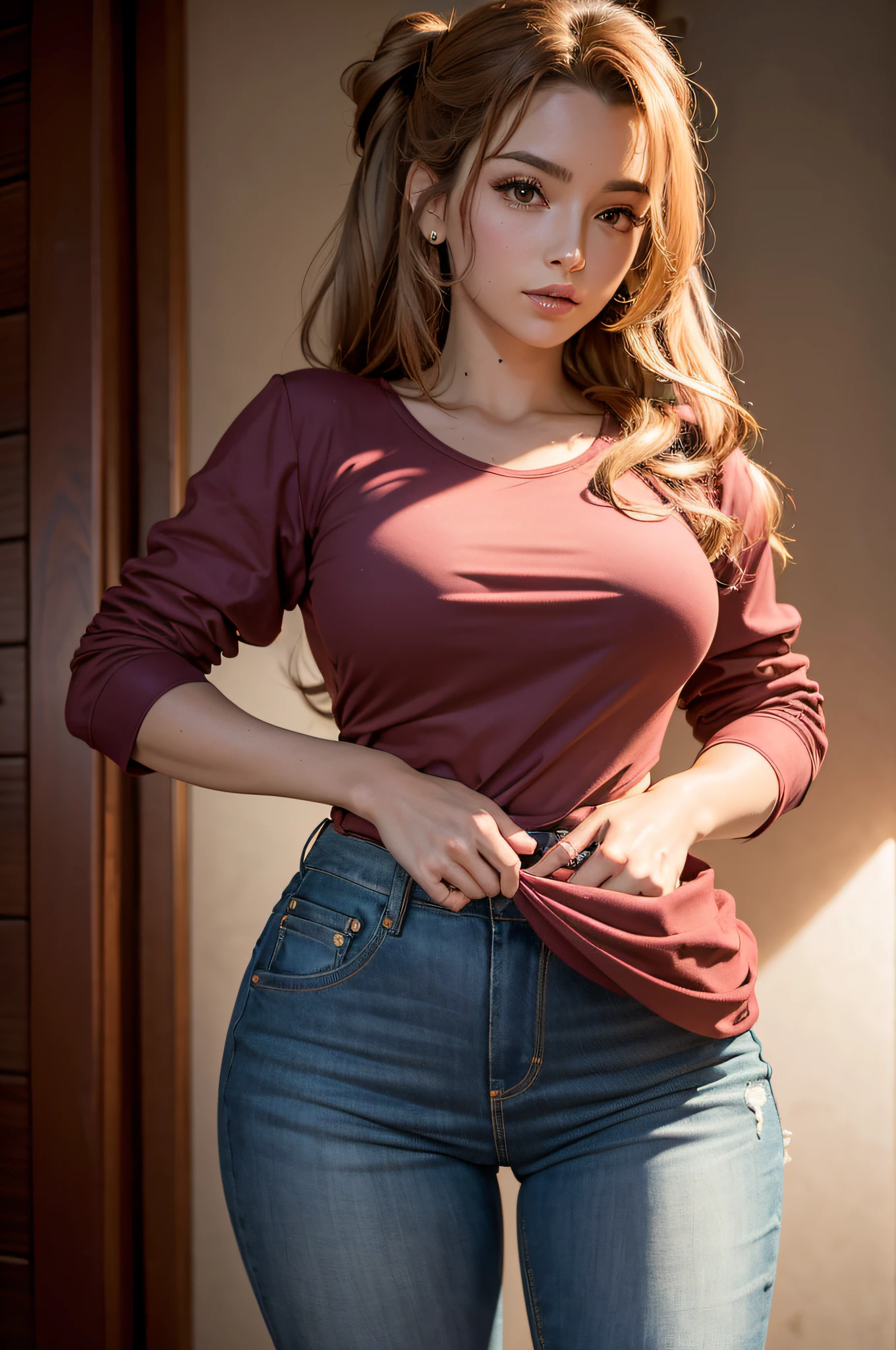 foto , RAW, mulher bonita, (castanho longo, cabelo ondulado), figura sexy, (bunda grande: 1.3), (obra-prima) (perfect aspect ratio)(foto realista)(melhor qualidade) (detalhado) (8k) (HDR) (papel de parede) (cinematic lighthing) (foco nítido) (intrincado) aerith Gainsborough, vestido rosa, jaqueta jeans vermelha