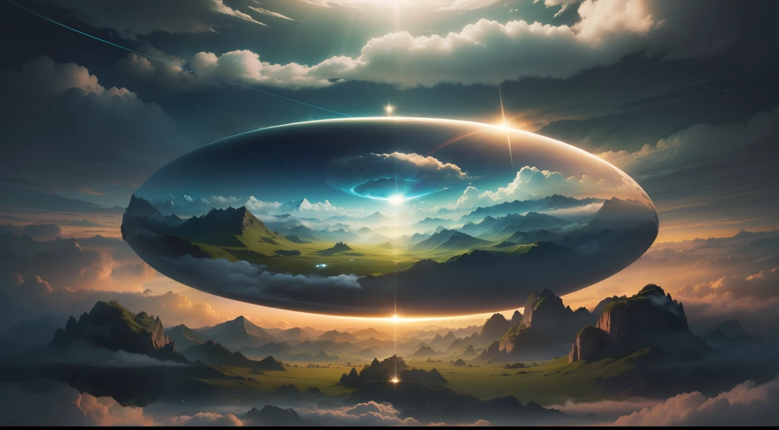 A giant mirror sphere floating in space, flickering lights, sad hamster lost (heaven like green fields surrounded by high mountains and clouds:1.3), particles in the air, god rays, stars in the background, intricate fractals, detailed, (illustration), masterpiece, high resolution, best quality.