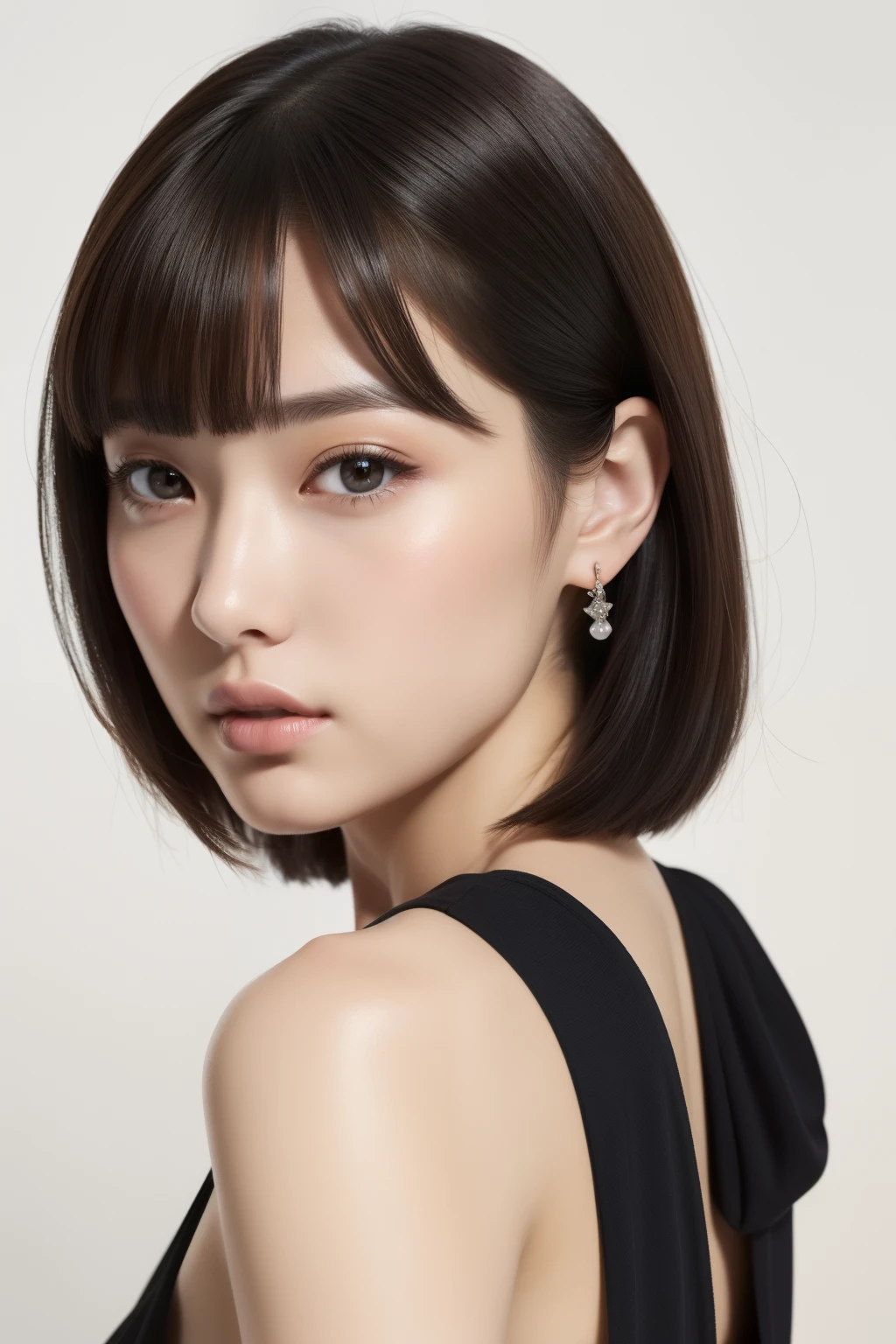 ((masterpiece、1 beautiful girl、Detailed eye、Shorthair with bangs、neck long、Put your ears out))、Kimono、big eye、Distinct double eyelids、((top-quality, 超A high resolution)), (Realisticity: 1.4), OriginalPhotographs, 1girl in,cinematlic lighting、japanes、Asian Beauty、Young Koreans、Super beauty、Beautiful skin、very Bigger breasts、A slender、The body is facing forward、(A hyper-realistic)、(hight resolution)、(8K)、(ighly detailed)、(Best Illustration)、(beautifully detailed eyes)、(ultra-detailliert)、A detailed face、looking at viewert、Facing straight ahead、neat and clean clothes、Sleeveless、short-hair、A dark-haired、46-point diagonal bangs、Background is really nothing but pure white background、neat atmosphere、Rear view