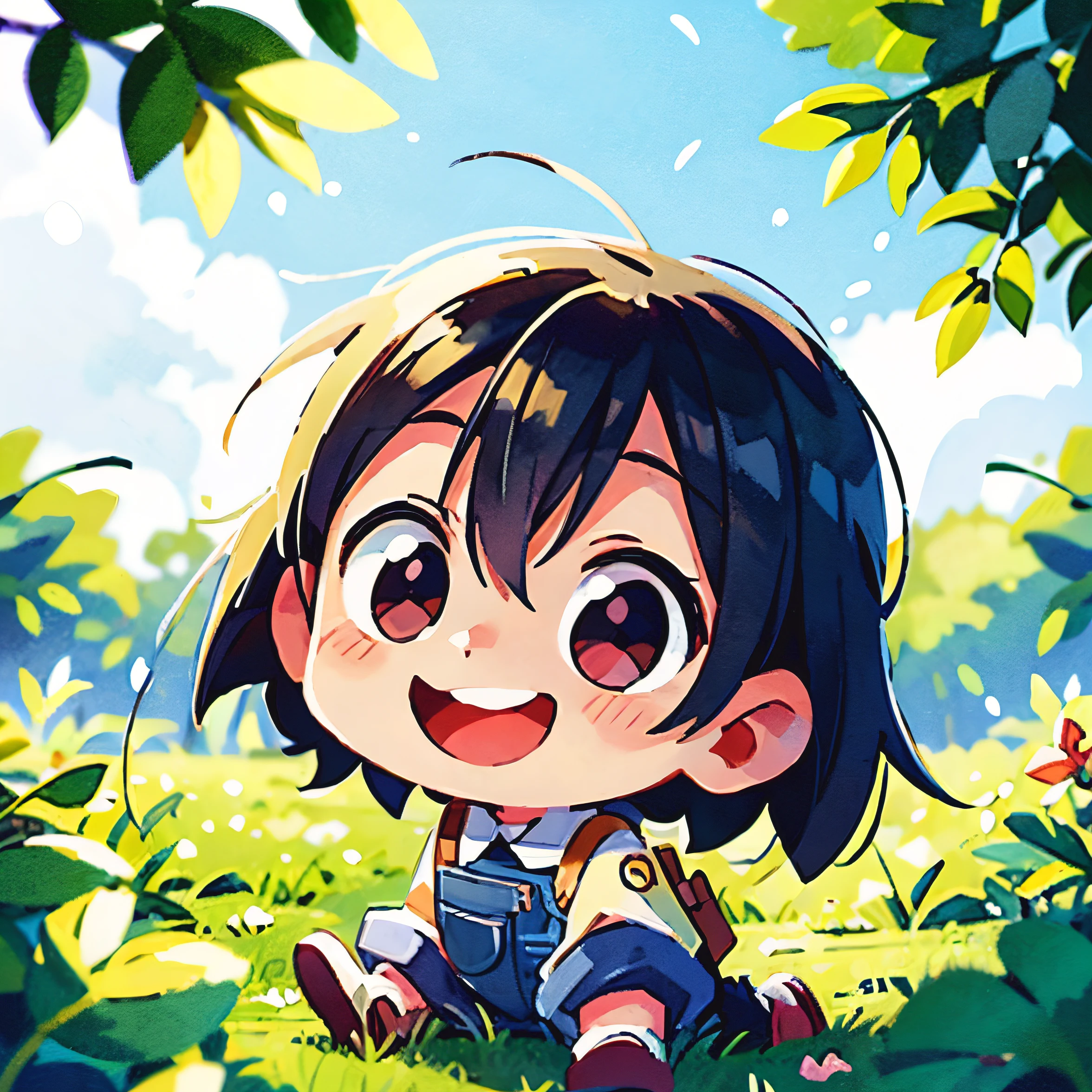 Anime girl sitting in the grass with a bird on her shoulder - SeaArt AI