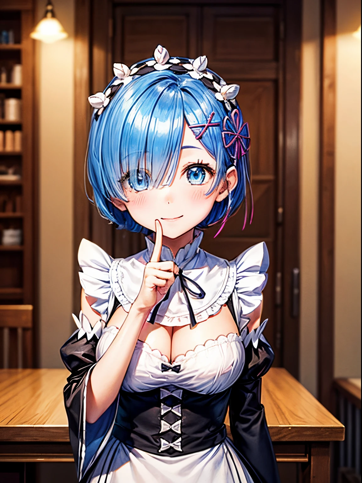 An ultra-high picture quality、(​masterpiece)、[3D images:1.15],Attractive eyes、front-facing view、1girl in, cute rem,A cute smile no matter who looks at it、 ((Intricate details)), Highly detailed, Upper body, 1girl in, Remu_Re_Staynight, Blue hair, Short hair, Maid Uniform, Hair Ornament, cleavage, Maid headdress, Detached sleeves, bow ribbon,Unity 8k壁纸, (Illustration:0.8), (Beautiful detailed eyes:1.16), extra detailed face、Dress correctly, Beautiful Finger、 charming figure,super precision、Beautiful thighs、Cowboy Shot、