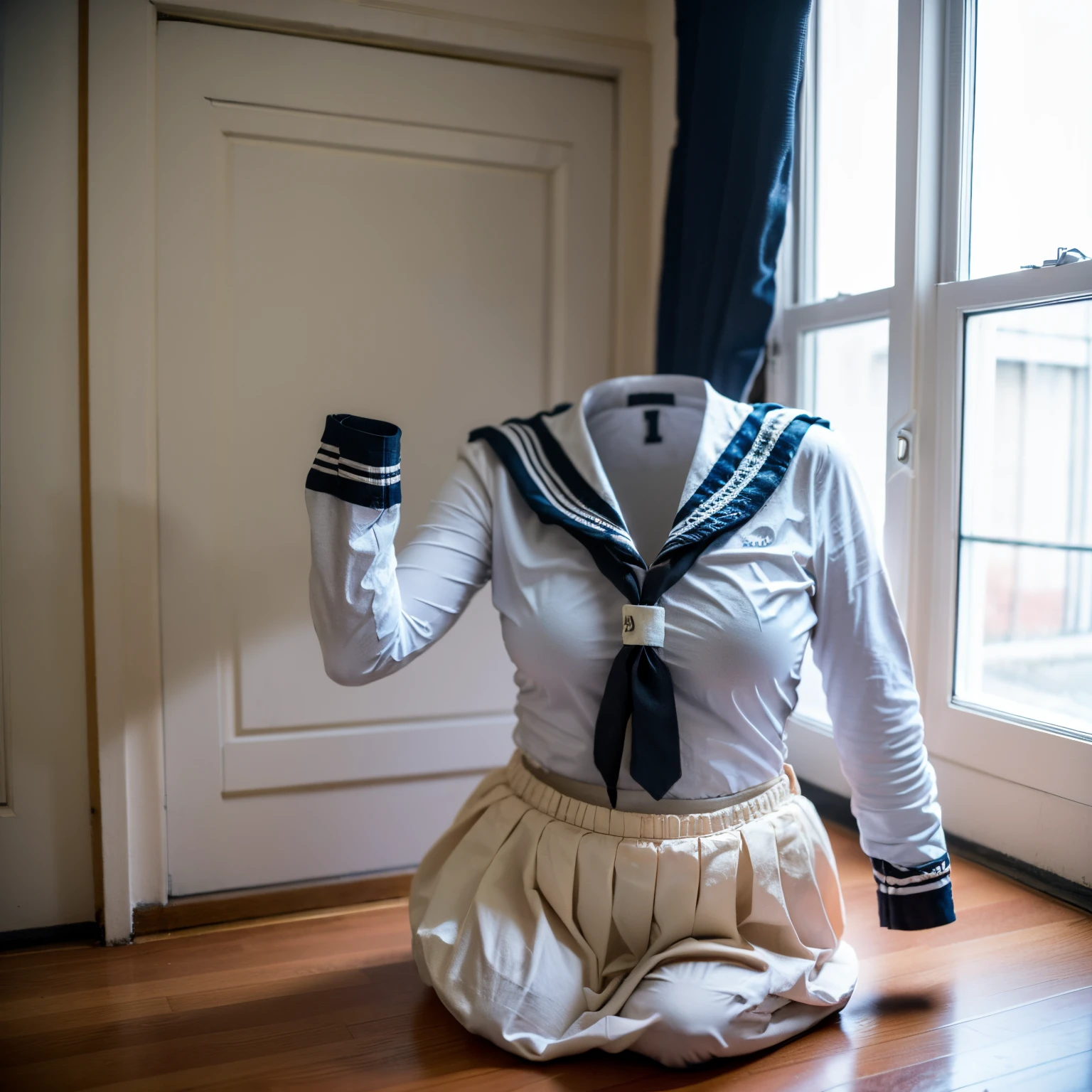 chubby, fat, sailor suit, school uniform, classroom, high school, (Seductive pose), (invisible:1.5, no humans:1.5, headless:1.5, faceless:1.5), ((cute huge breasts)), (8k, RAW photo, best quality, masterpiece:1.2), (realistic, photo-realistic:1.37), photon mapping, radiosity, ((Hasselblad photography)), physically-based rendering