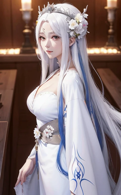 a woman in a white dress with long hair and a flower in her hair, white haired deity, ”beautiful anime woman, ((a beautiful fantasy empress)), anime girl with long hair, beautiful alluring anime woman, beautiful anime style, beautiful anime woman, cute anime waifu in a nice dress, beautiful anime girl, flowing hair and long robes
