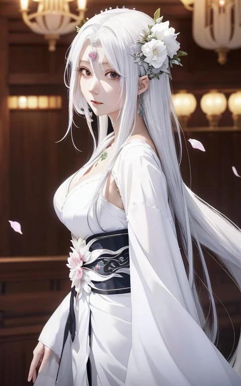 a woman in a white dress with long hair and a flower in her hair, white haired deity, ”beautiful anime woman, ((a beautiful fantasy empress)), anime girl with long hair, beautiful alluring anime woman, beautiful anime style, beautiful anime woman, cute anime waifu in a nice dress, beautiful anime girl, flowing hair and long robes
