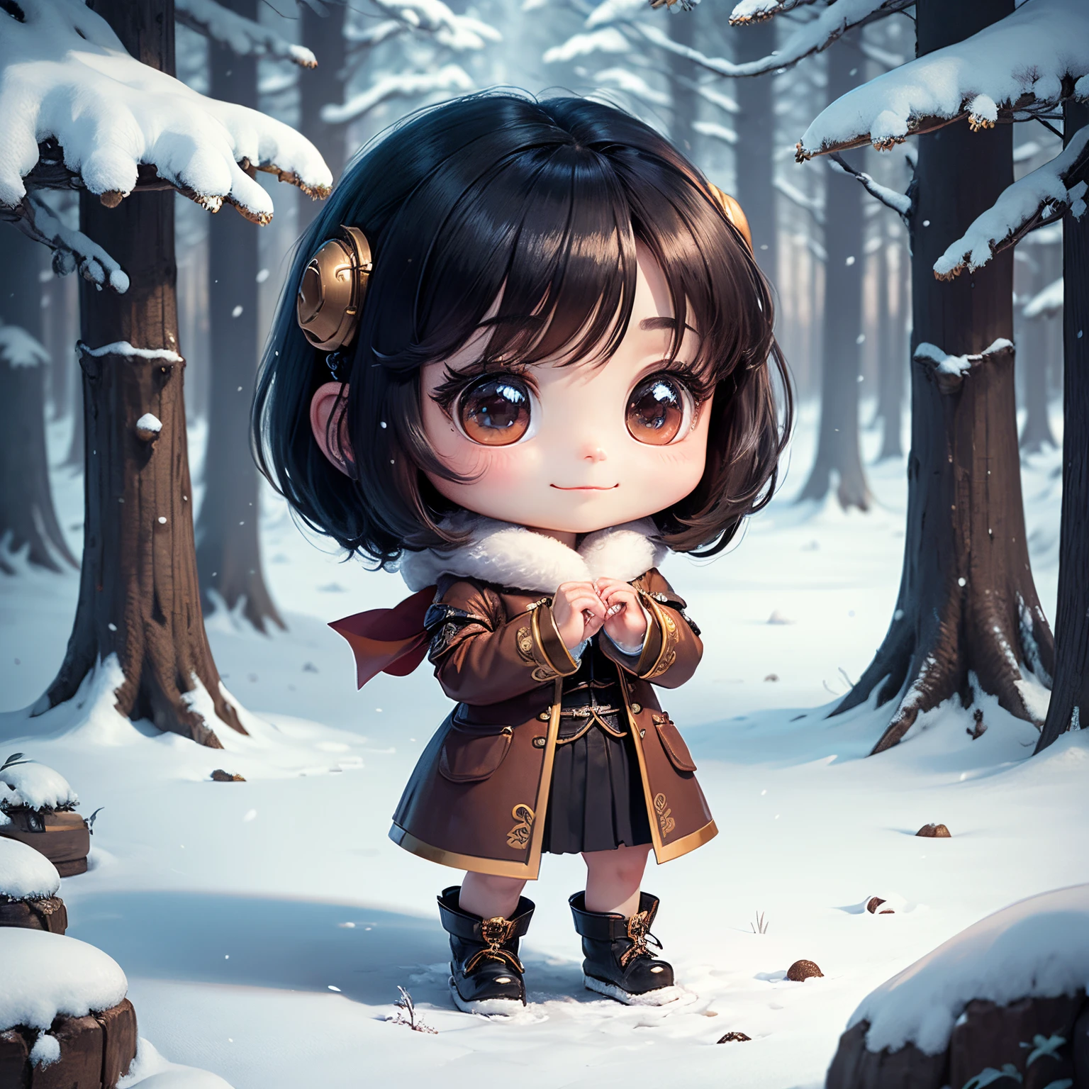 masterpiece、top-quality、ultra-detailliert、(Chibi Chara:1.2)、A boy who looks like a gorilla、(Hands near the face👐:1.2)、fairy tale winter forest、full body Esbian、A smile