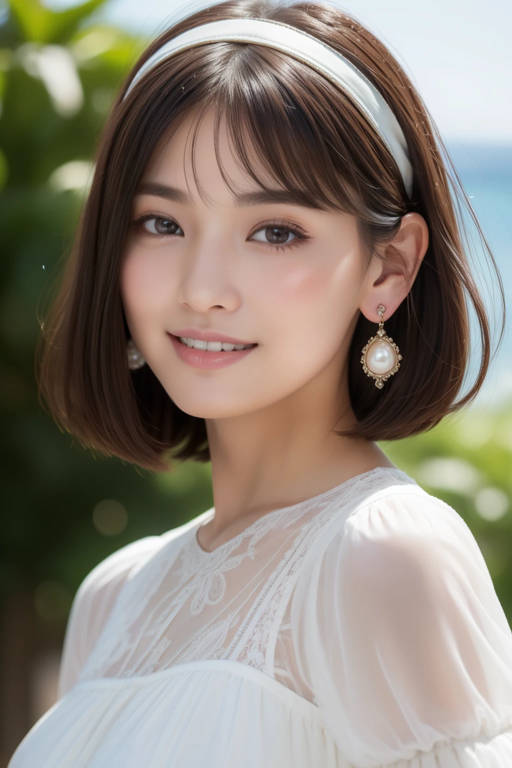 (8K、Raw photography、top-quality、masuter piece:1.2)、ultra-detailliert、ultra res、(realisitic、rialistic photo:1.37)、portlate、high-definition RAW color photography、Professional Photography、highly detailed and beautiful、ighly detailed、8K Wallpapers、amazing detailed、huge filesize、Official art、Highly detailed CG Unity 8K wallpapers、highly detailed beautiful girl、extra detailed face、extremely detailed eye、highlydetailed skin、extremely detailed fingers、highly detailed nose、very detailed detailed mouth、女の子 1 人、(18:1.2)、Teen、Cute little girl s、Ayako Kato、Very Ayako Kato、cute little、Realistic body、小柄、de pele branca、glistning skin、Slim body、Handsome body、dark brown hair、Short bob cut、A smile、Super fine face、Narrow-eyed、Single eyelid、Narrow-eyed、short bangs、Beautiful bangs、Beautiful bob hair、red-lips、Red headband、White flared skirt、Square cut white blouse full of white lace、Beautiful lace blouse、Pearl earrings、Looking at the camera、cowboy  shot、Contrapo,ocean view, 动态照明,