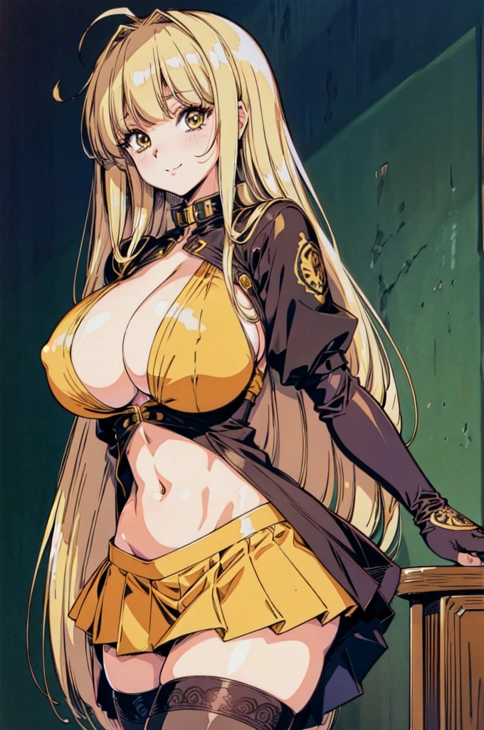 "(masterpiece:1.1), best quality, NSFW, 
1girl, gyaru, (80s anime style:1.3), (eyelashes:1.5), (:1.2), 
(intricate high detailed body:1.2), 
yellow hair, 
(blunt bangs:1.1), (long hair, straight hair:1.1), 
brown eyes, (red lip stick:1.1), 
(gigantic breasts:1.5), 
(happy, smile:1.2), 
(school uniform, skirt, midriff peek:1.1), (cleavage cutout:1.1), 
spiked, fishnet tights, long gloves, collar, ahoge, 
standing, arms behind back, 
upper body, 
(daytime, classroom:1.2)"