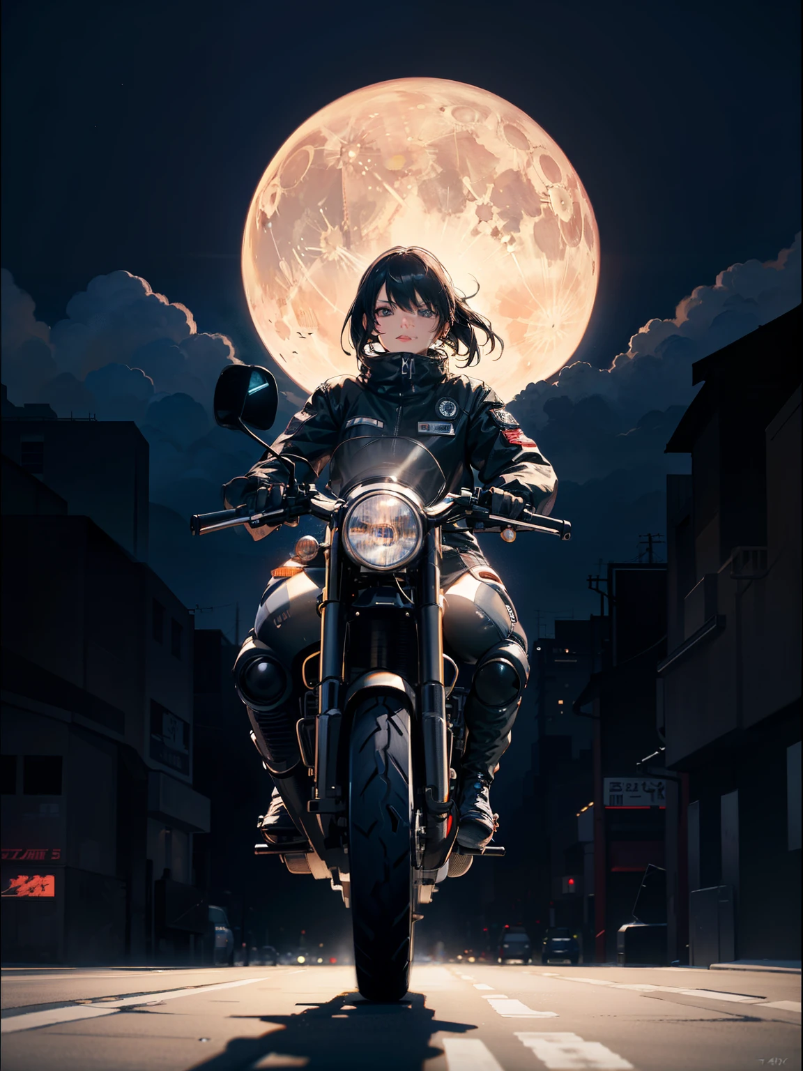 best quality, masterpiece, photo, 4K, photorealistic, highly detailed,
1girl riding motobike, techwear, cyberpunk city, solo, futuristic, huge moon in the background, black and white, by Akira Toriyama, closeup,