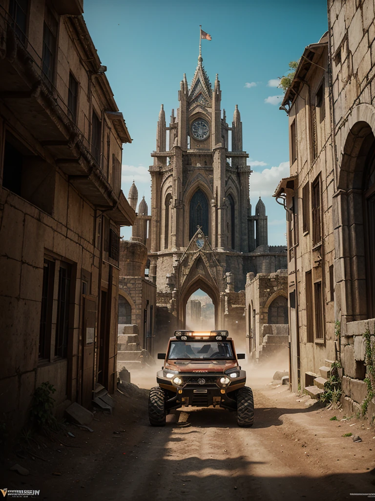 masterpiece, concept art, fantasy theme, (fantasy off-road vehicle:1.2), vibrant color, fantasy mythical ancient city background, volumetric lighting, global illumination, HD