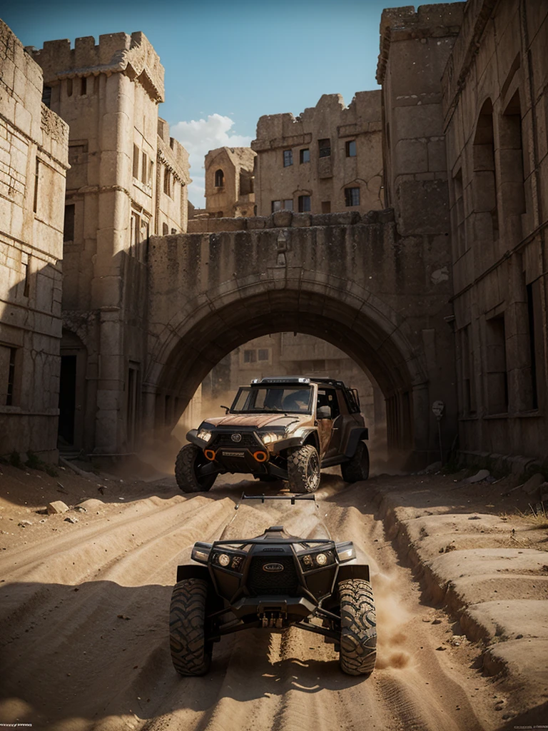 masterpiece, concept art, fantasy theme, (fantasy off-road vehicle:1.2), vibrant color, fantasy mythical ancient city background, volumetric lighting, global illumination, HD