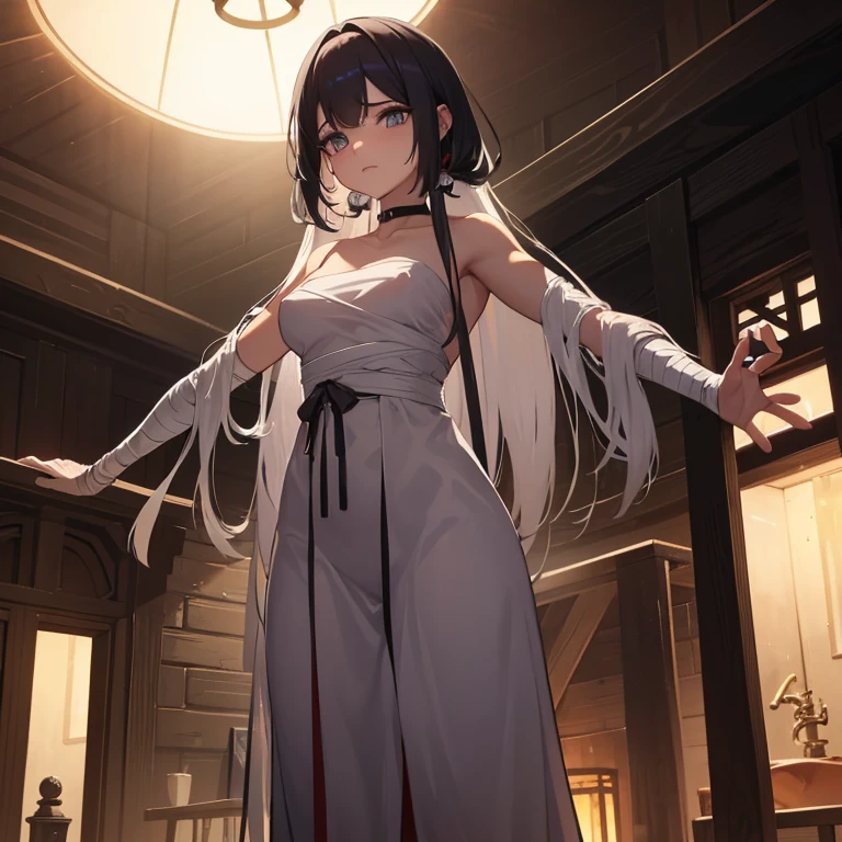 ((1 mulher zumbi)),((bandages on arms and legs))),((completely naked, buceta nua)), ((Seios enormes, seios nus)),((cabelo preto e branco muito comprido, olhos rochosos e vermelhos, hopeless face)),((Standing, 1 arm behind the back)),Em uma floresta assombrada, at night,