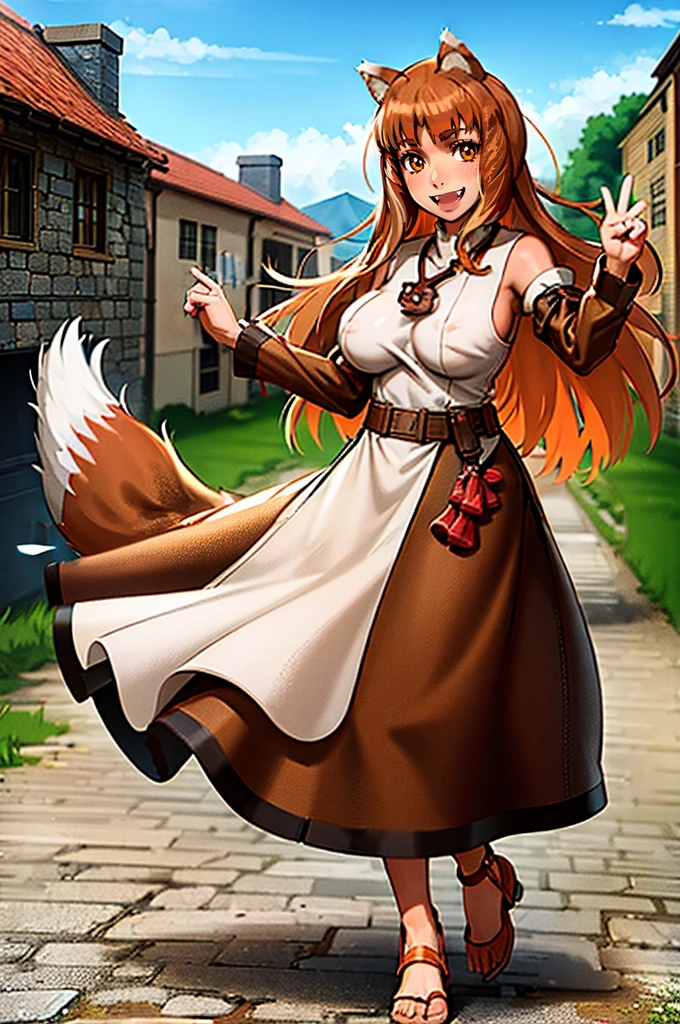 (holo:1.5), (holoBrownDress:1.5), masterpiece, best quality, absurdres, 1girl, looking at viewer, standing, cowboy shot, outdoors, medieval, cobblestone street, town, pouch, sash, smile, fruit, apple, basket,huge breast, curvy, silver hair, white hair, full body, flipflops,, smiling open mouth, fengs, teeth