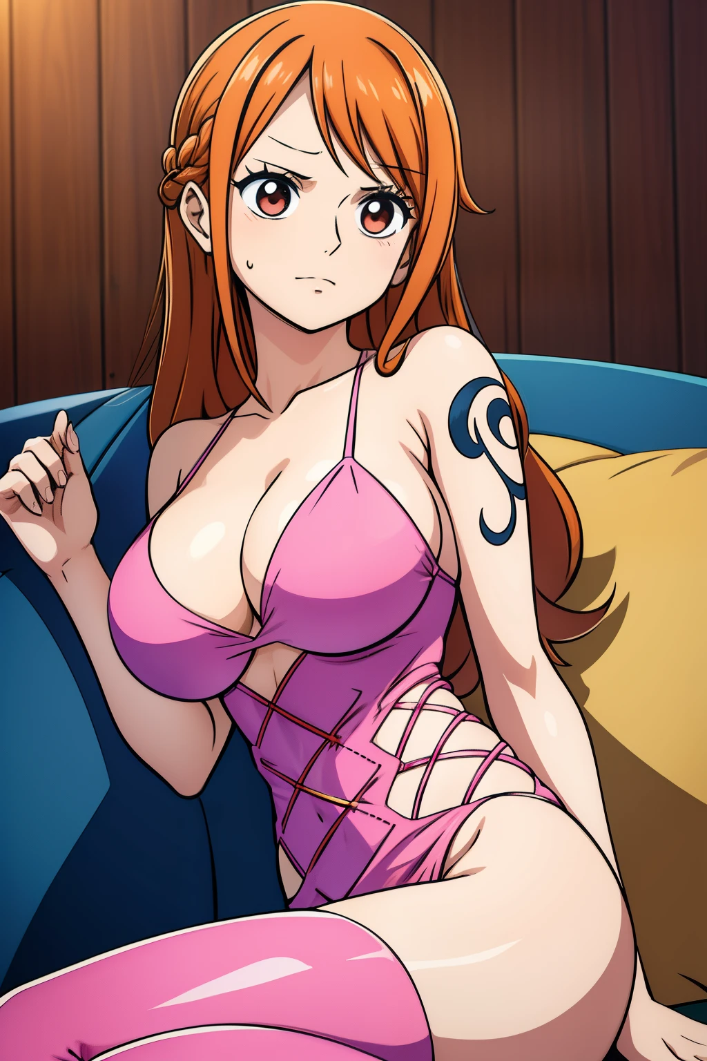 Cute girls,ojos marrones redondos, cabello naranja、sin sujetador、Peinado liso medio a largo,Tatuaje de molino de viento en el hombro izquierdo、(Bigboobs,vestido ajustado latex,Wear pink lingerie,En una casa de alquiler,sitting on the couch,Noche,estaba lloviendo afuera,Upper body is wet.,cuerpo entero,lleva leggins rosa
