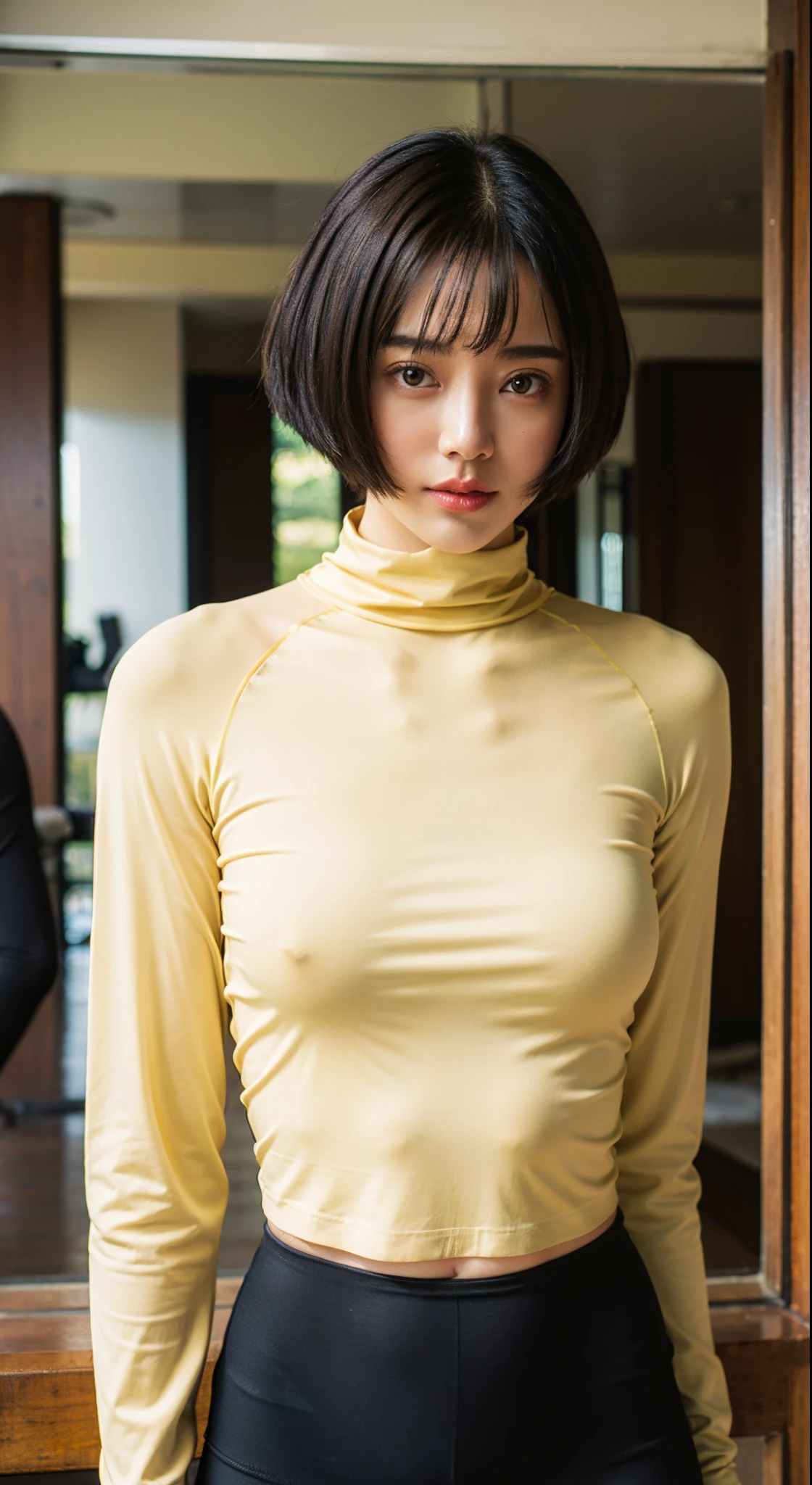 Pale yellow high neck long sleeve yoga wear、Black shiny leggings、short-hair