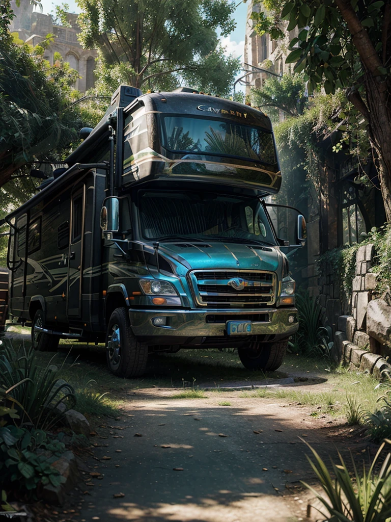 masterpiece, concept art, fantasy theme, (fantasy RV vehicle:1.2), vibrant color, fantasy mythical ancient city background, overgrown, volumetric lighting, global illumination, HD