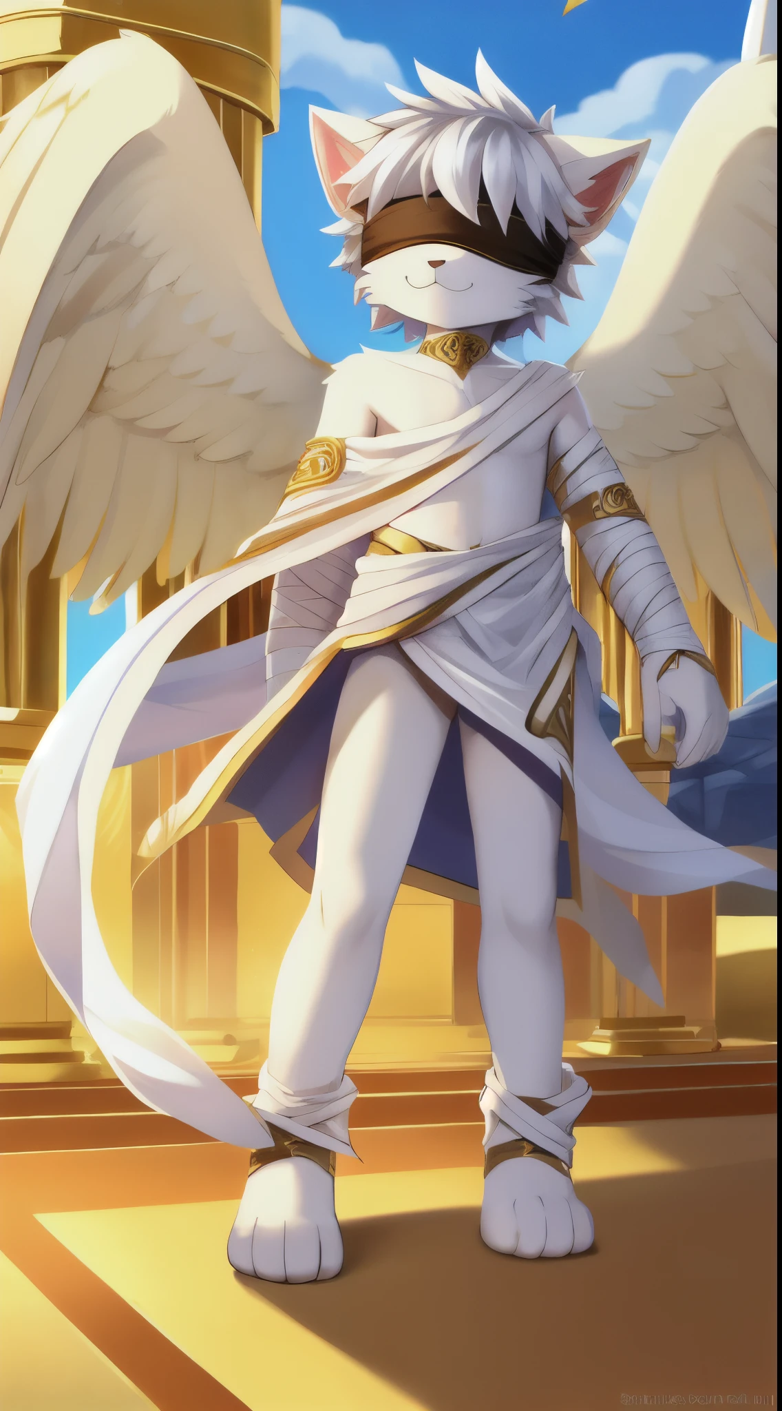 Furry boy, cat, white body fur, spiky hairstyle, silver hair, blindfolded, body bandages, white ancient greek toga, bare shoulder, golden pattern, open clothes, white angel wings, angel, full body, feets whit three toes, :3, detailed body fur, detailed body, detailed face, glistering body, shiny body, clear sky, golden palace, gorgeous body, masterpiece, high quality, standing,