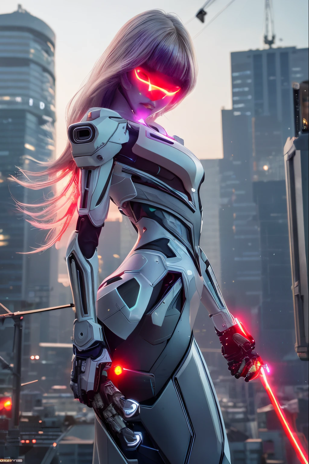 Cybernetic arm and glowing cyber girl,(Sheer and revealing costumes:1.3, )Stand on a post-apocalyptic battlefield cityscape.Surrounded by a network of wires. Surrounded by a web of circuits. (Beautyful Cyber Girl with RED Glowing Sword:1.3), Proper body proportion,masutepiece,Super high-quality output images,hight resolution,Intricate details,Very delicate and beautiful hair,photos realistic,Dreamy,Professional Lighting,realistic shadow,Solo Focus,Beautiful hands,Beautiful fingers,Detailed finger features,detailed clothes features,Detailed hair features,detailed facial features, white full mecha amor suite,
look at viewer