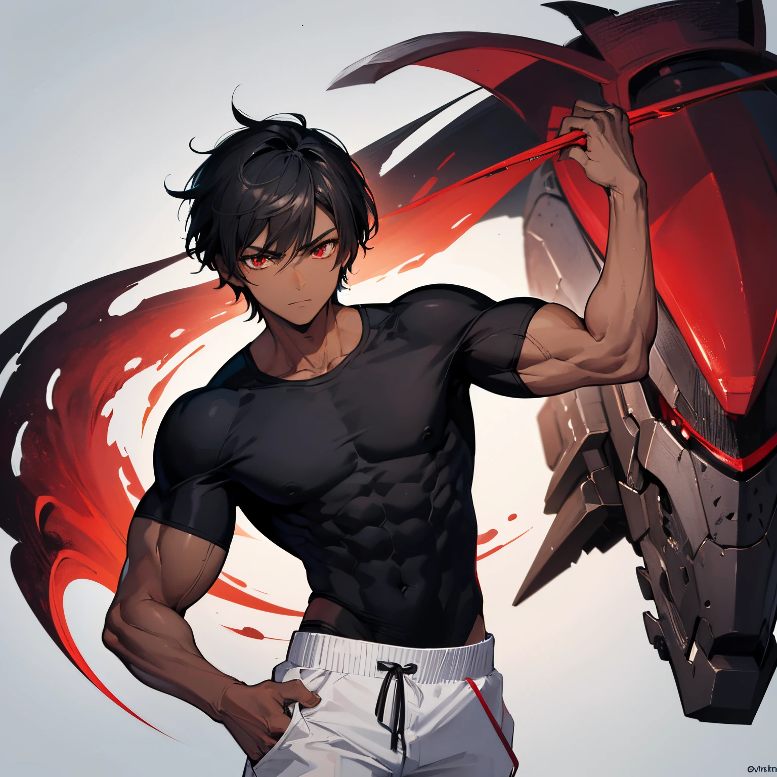 1boy, best quality, detailed face, detailed eyes, dark-skinned male, black hair, short hair, red eyes, serious, black shirt, short sleeves, white baggy pants, (muscular male:1.3), simple background