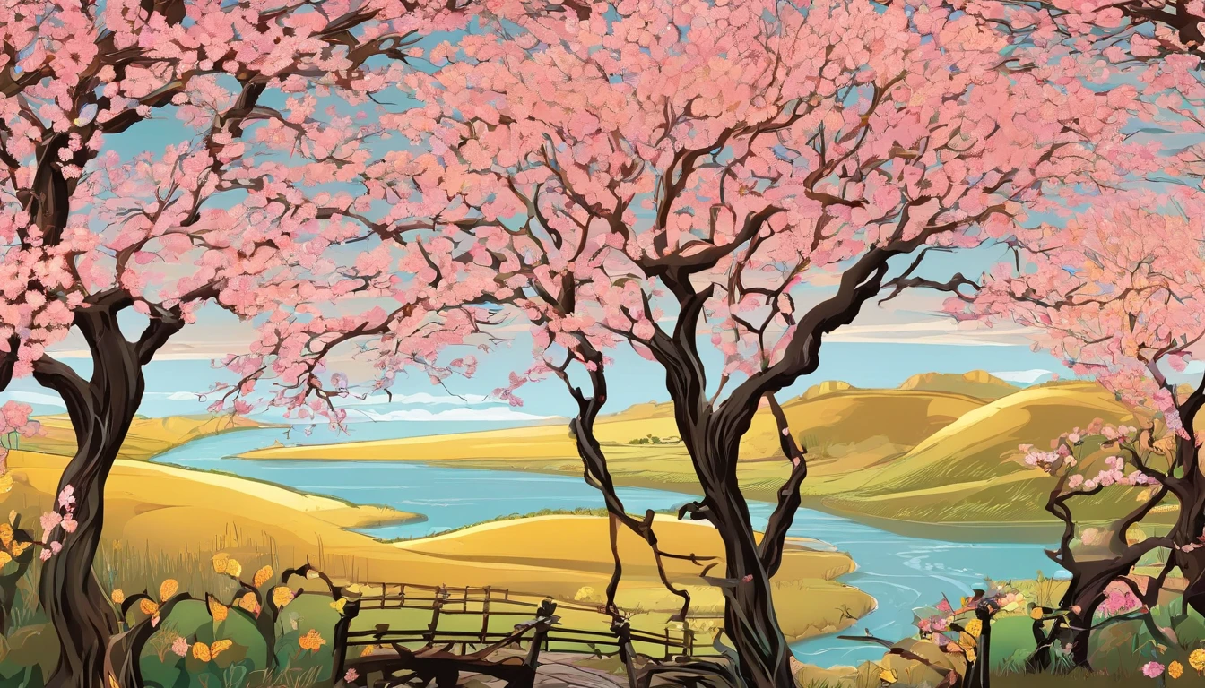 Equinox season,Willow trees on the shore,peach blossom,kite,3D,Ultra-high sharpness,超高分辨率,Many elements