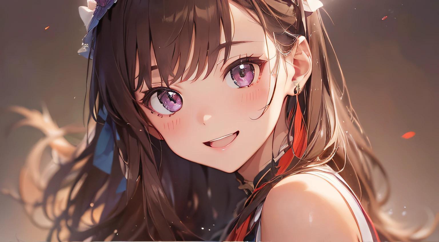 masterpiece、top-quality、(brown colored long hair、I have bangs:1.1)、25 year old woman with purple eyes、wearing a red off-shoulder dress、(emphasis on the chest:1.1)、(Modestly smiling expression:1.3)、(Staring:1.5)、(Close-up of the subject's face:1.3)、is standing、five perfect and beautiful fingers、Place the camera above the subject、The background is a party venue、Bold composition、Upper body is shown、Alone、