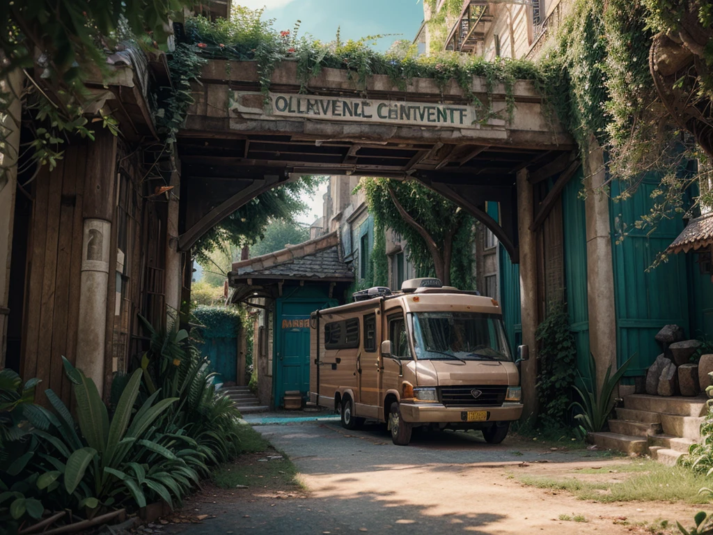 masterpiece, concept art, fantasy theme, (fantasy RV vehicle:1.2), vibrant color, fantasy mythical ancient city background, overgrown, volumetric lighting, global illumination, HD