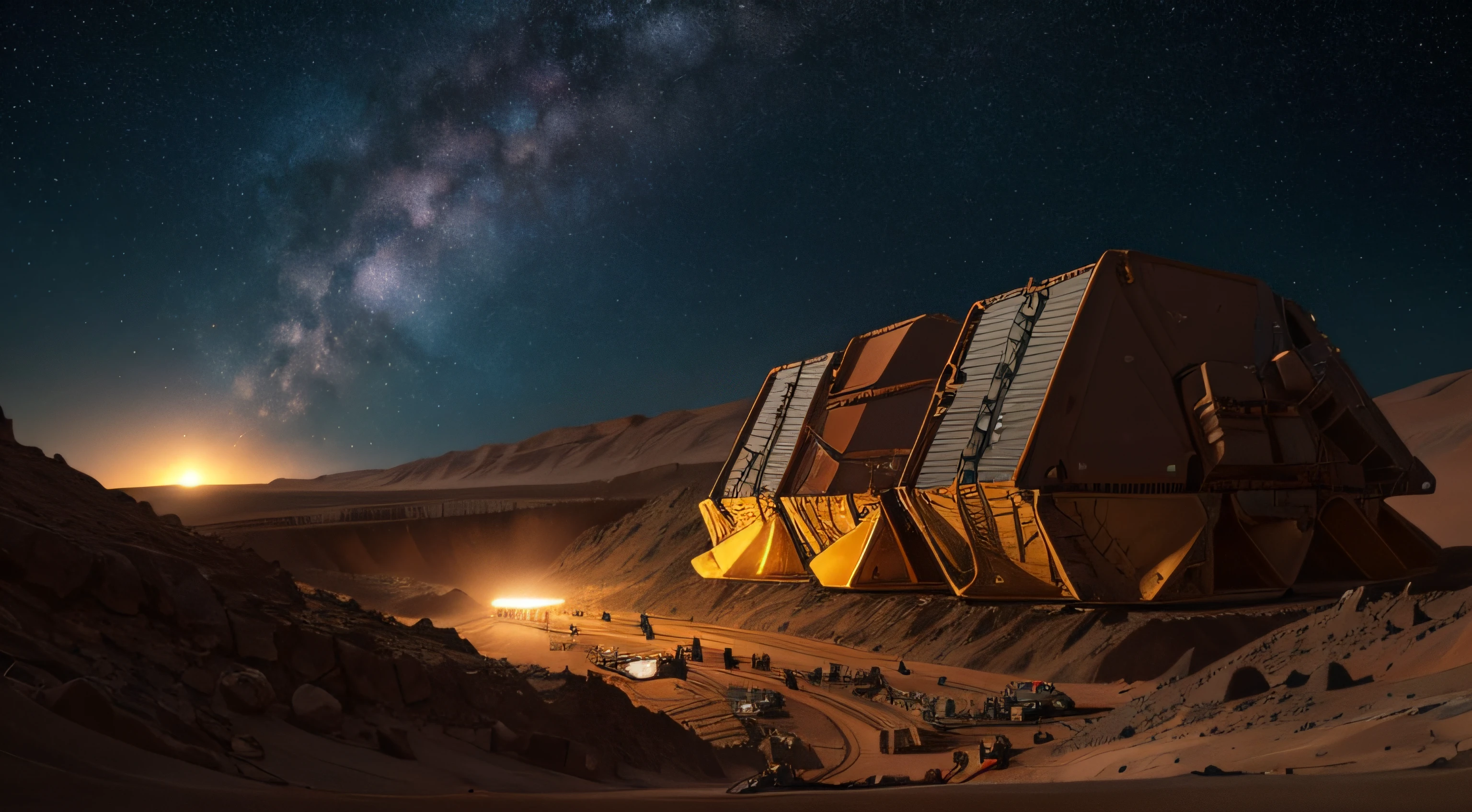 On Mars, a huge, cutting-edge mining excavation machine is at work. Metallic luster texture, mineral conveyor belt, and mining personnel are distributed on the Martian ground. Bright picture, different machines, starry sky, daytime, digging into large mechanical details, super wide angle, bird's eye view, high realism, light and dark