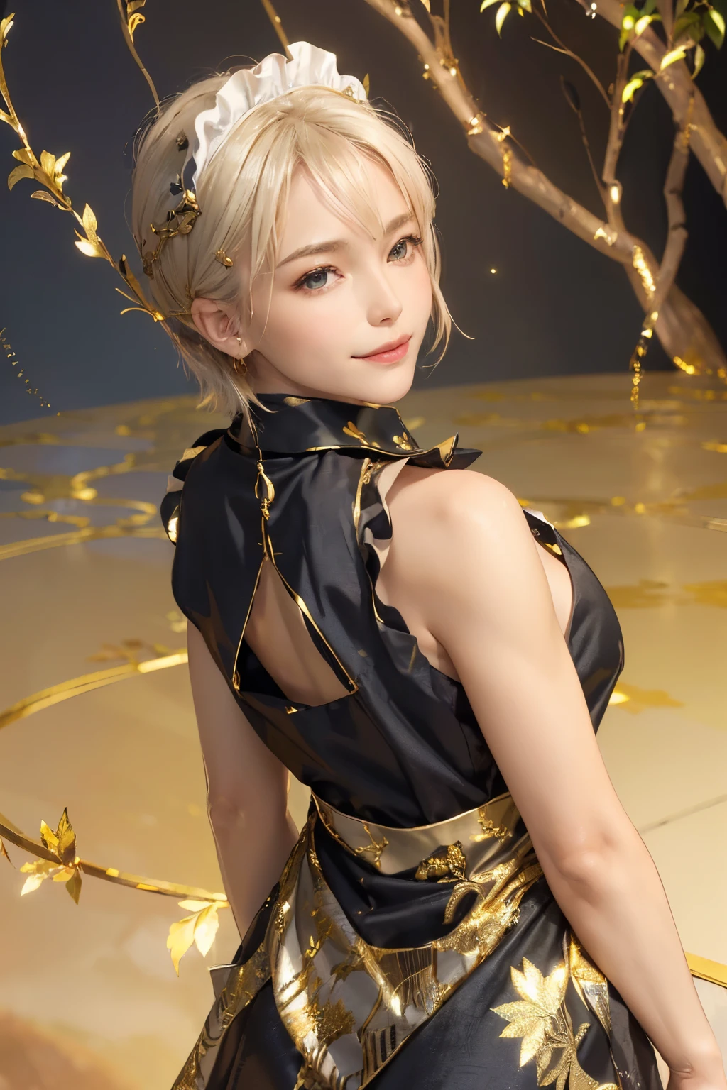((top-quality、8K、​masterpiece:1.3)), (Short hair, Beautiful hairstyle, Platinum Blonde Hair:1.5)、(Cute pattern of gold leaf,  Delicate workmanship, Black Fabric:1.4, maid dress:1.5), (Fractal art), Clear, Fine-grained skin、Beautiful clear eyes、cleavage of the breast、Carefree and natural smile、(Hair disheveled in the wind:1.3)、Beautiful girl with a smile、(thin-waist:1.3)、(Dynamic and provocative poses:1.2)、(Backshots)