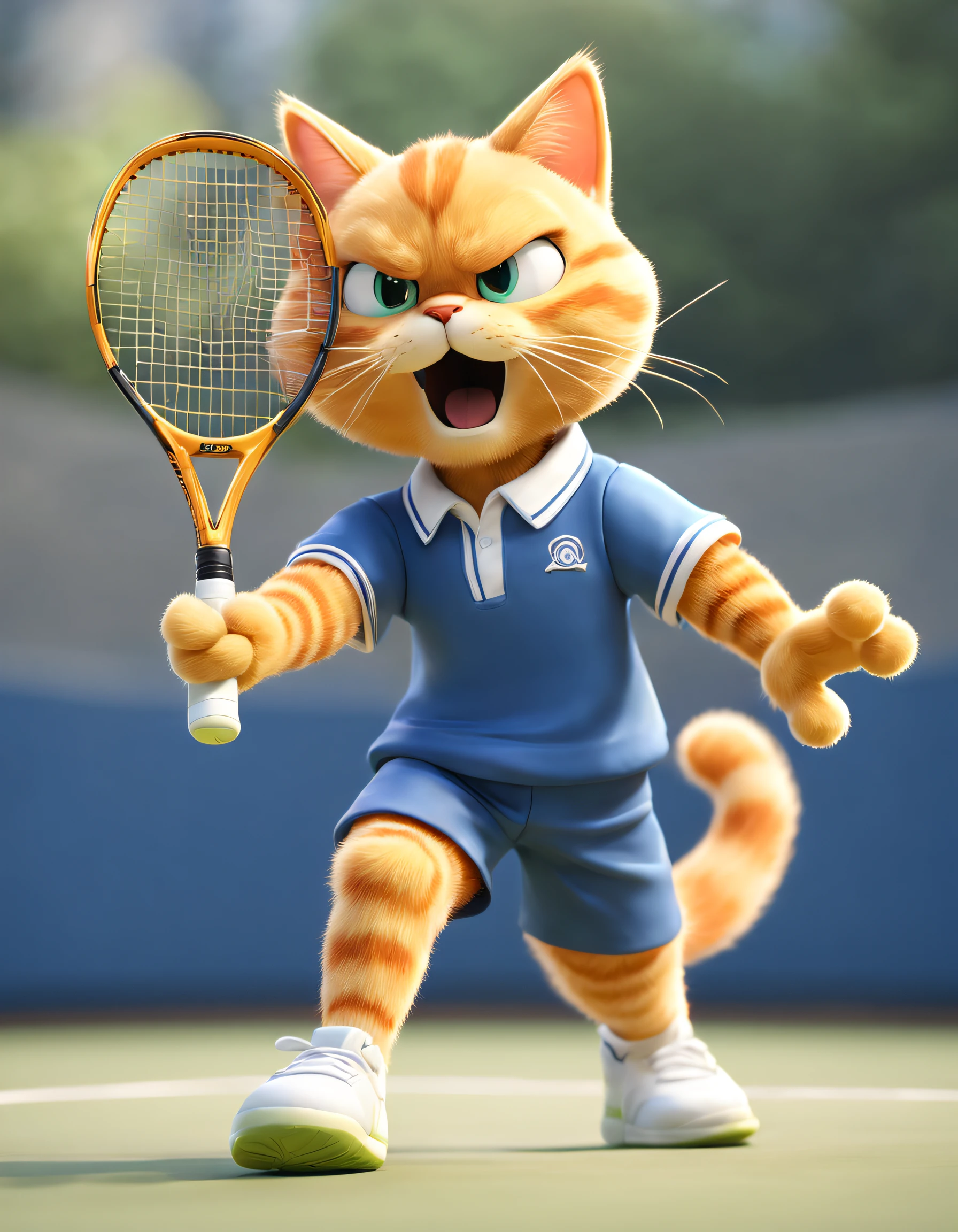 style of anime, motionblur, ray traycing, vignetting, tmasterpiece, super detailing, high detal, high high quality, Award-Awarded, A high resolution, 8K， 
(There is a Garfield cat playing tennis), （waving a tennis racket）, Hitting action，Thick brown hair，Hair is soft and shiny，Eyes like two twinkling stars，Shining bright and clever，There is a hint of naughtiness and humor in the corners of the eyes，The ears are very large，Shaped like two elegant triangles，Inside is soft beige hair。The color inside the ears contrasts sharply with his fur，The beard is long and soft，like four delicate ears of wheat，With his cheeks swaying，Wearing red and blue tennis uniform and skirt, Bow knot，exaggerated serious expression, largeeyes, long eyelasher，cosmetics，Hairy beard,， Background with： tennis match scene，
 3D, Cartoonish, Produced by Pixar, kawaii, anthropomorphic turtle，comic strip，