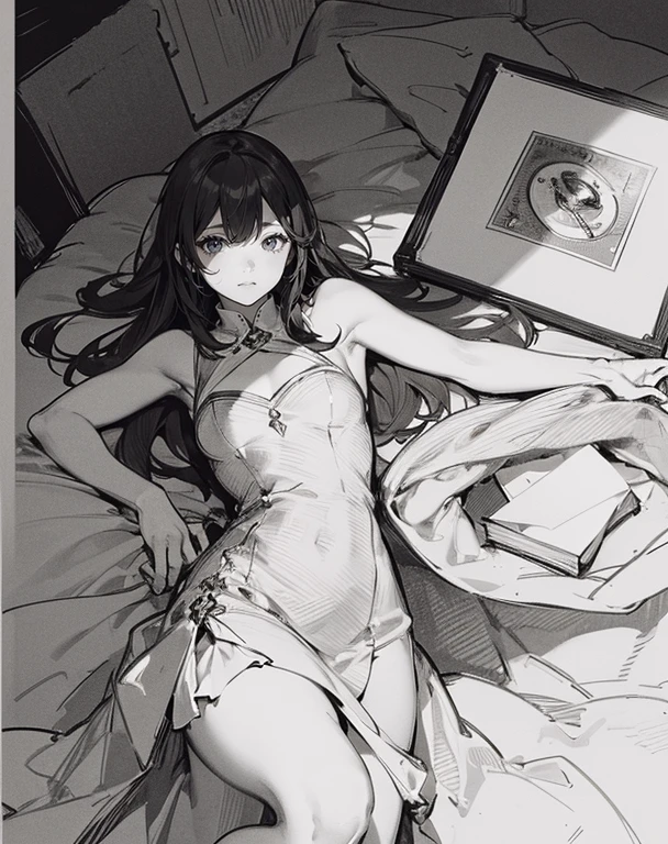 a room、top-quality, Poses, Correct anatomy, Beautiful body curves, Sketch beech, Daily Draw, vestments, Pencil、black-and-white、monochromes、Granblue Fantasy、Hair falls on the shoulders、Wear a dress、play a record