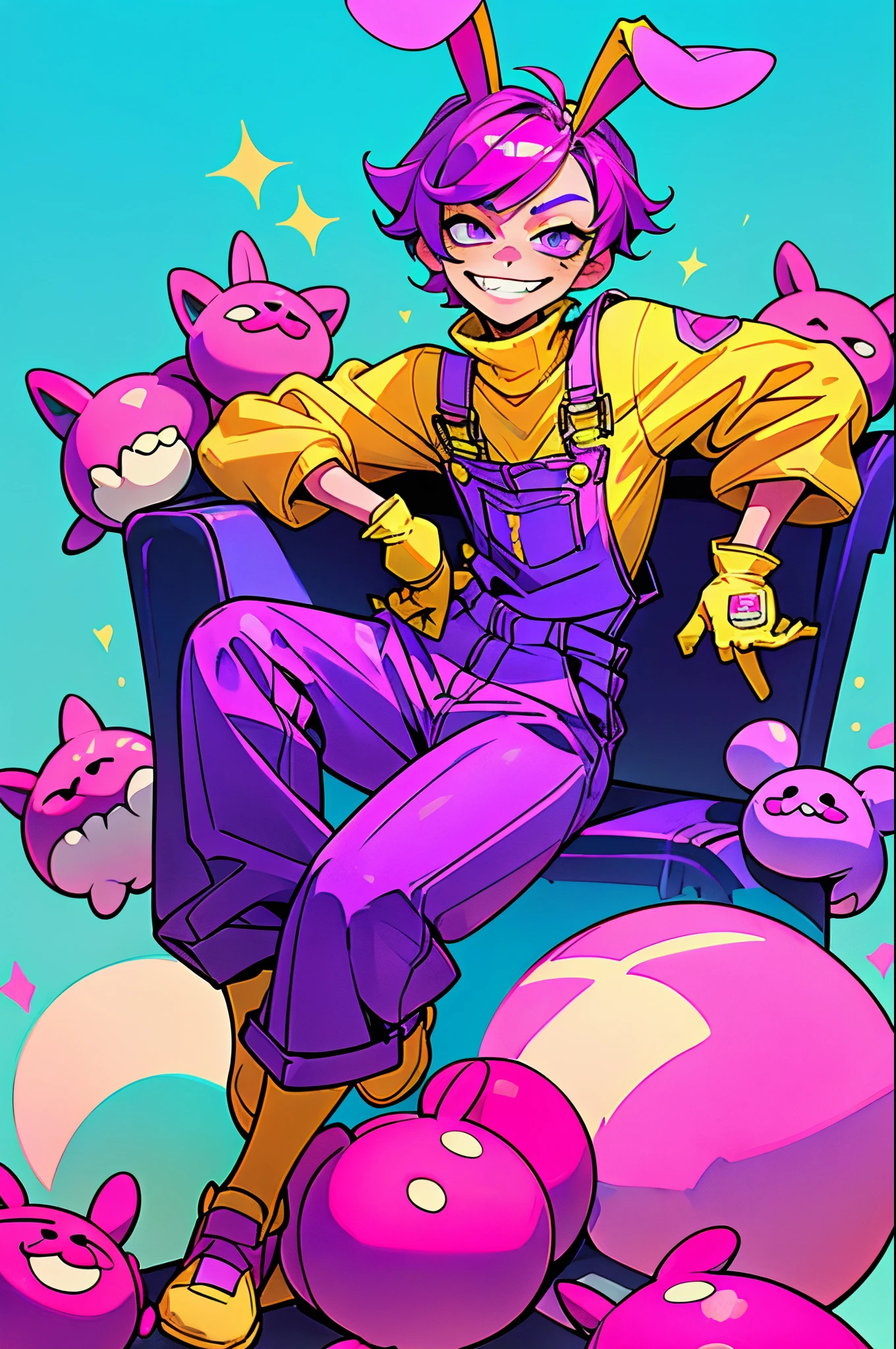 kpop boy wearing a soft purple turtle neck outfit, sit pose, poser, with a pink fuchsia-colored overalls , yellow gloves, purple rabbit ear, smirk rizz face with teeth, attractive pose cannot be ressist