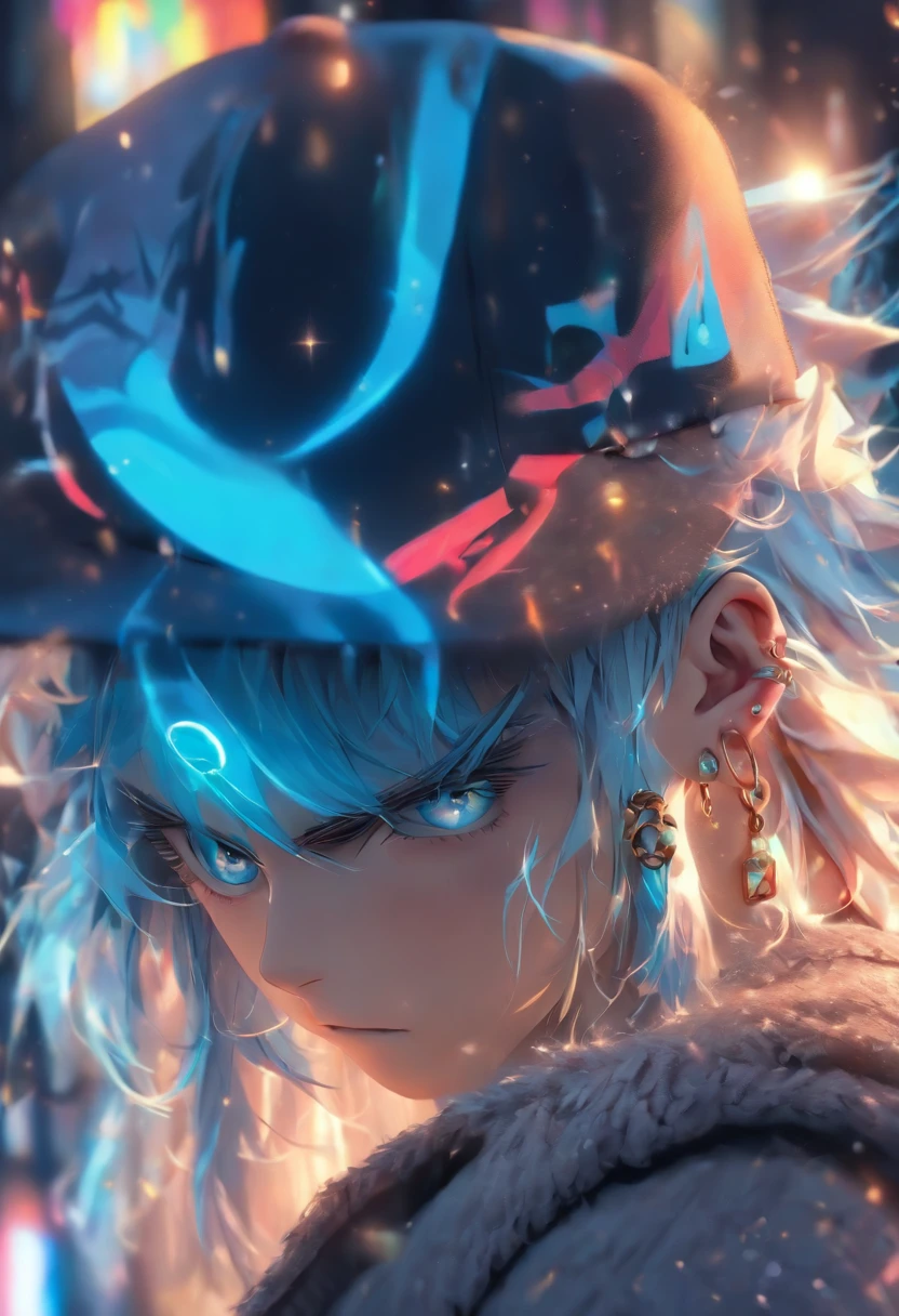 8K, tmasterpiece, RAW photogr, Best quality at best, realisticlying, extremely detaild CG unified 8k wallpapers, depth of fields, movie lights, lens flare glow, Ray traching, Intricately detailed face, ((Ultra-delicate skin)) (((man in a Denim cardigan with white base, classy1.2) ( Hair color: blue-black with a flip-up hat and bangs1.2) (Eye color: blue black1.2) (Pet Type: A cat with muscles on its shoulders1.5) (Pendant accessories, accessories can be designed with five hundred yuan characters1.5) Overall style: sunny, cheerful, big boy slwho love (fat, muscled), 1.3: 1.3), Ear Nipple Ring, bangle, choker necklace, Clear eyes, foot on foot , Front Shooting, (pale-skinned), Face forward, (largeeyes), ((Full body photo)),