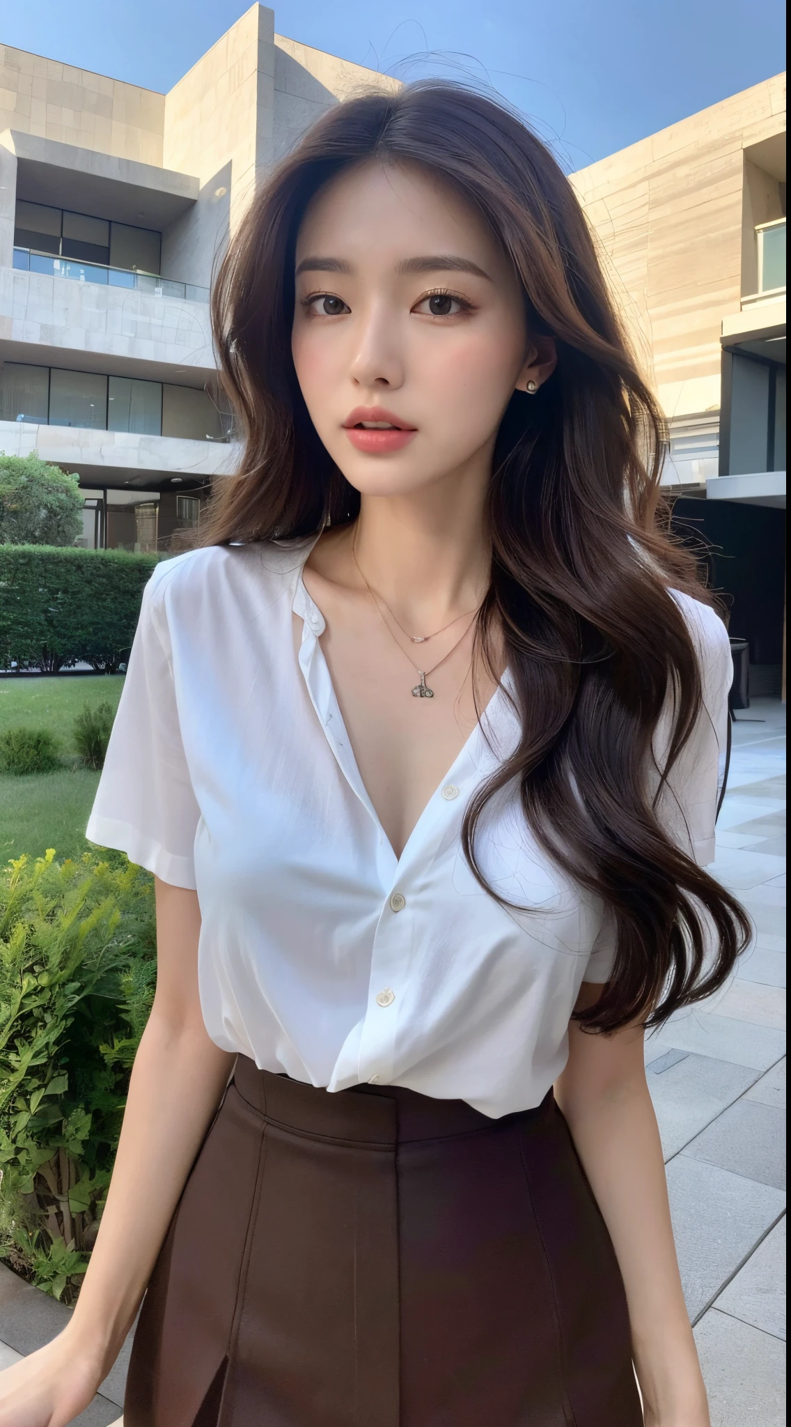 (Best quality, high resolution, masterpiece: 1.3), a tall and beautiful woman, slender abs, dark brown hair in loose wavy styling, breasts, wearing a pendant, white button-down shirt, black skirt, (modern architecture in the background), face and skin texture in beautifully presented details, detailed eyes, double eyelids