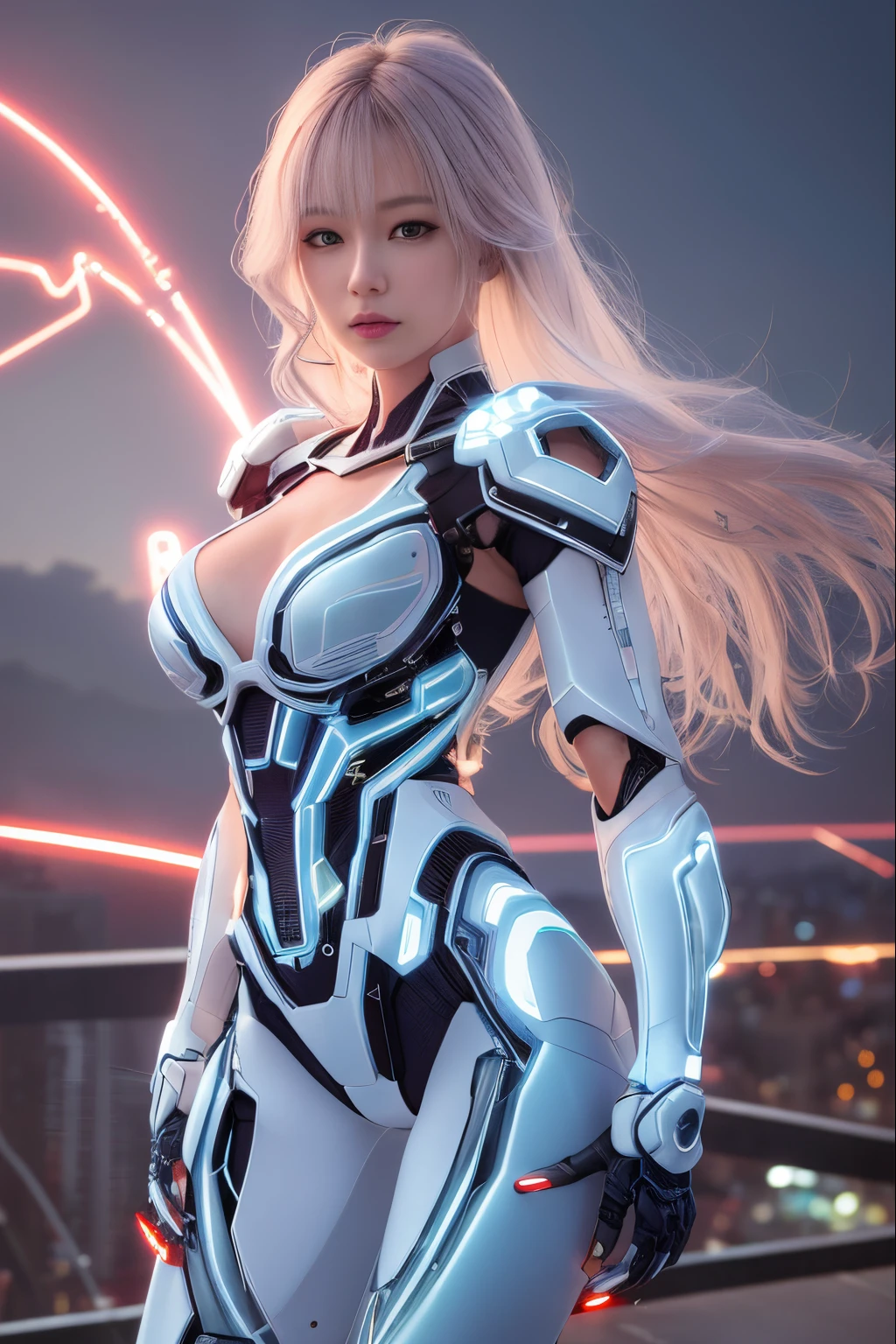 Cybernetic arm and glowing cyber girl,(Sheer and revealing costumes:1.3, )Stand on a post-apocalyptic battlefield cityscape.Surrounded by a network of wires. Surrounded by a web of circuits. (Cyber Girl with RED Glowing Sword:1.3),Beautyful girl,Proper body proportion,masutepiece,Super high-quality output images,hight resolution,Intricate details,Very delicate and beautiful hair,photos realistic,Dreamy,Professional Lighting,realistic shadow,Solo Focus,Beautiful hands,Beautiful fingers,Detailed finger features,detailed clothes features,Detailed hair features,detailed facial features, white full mecha amor suite,
look at viewer