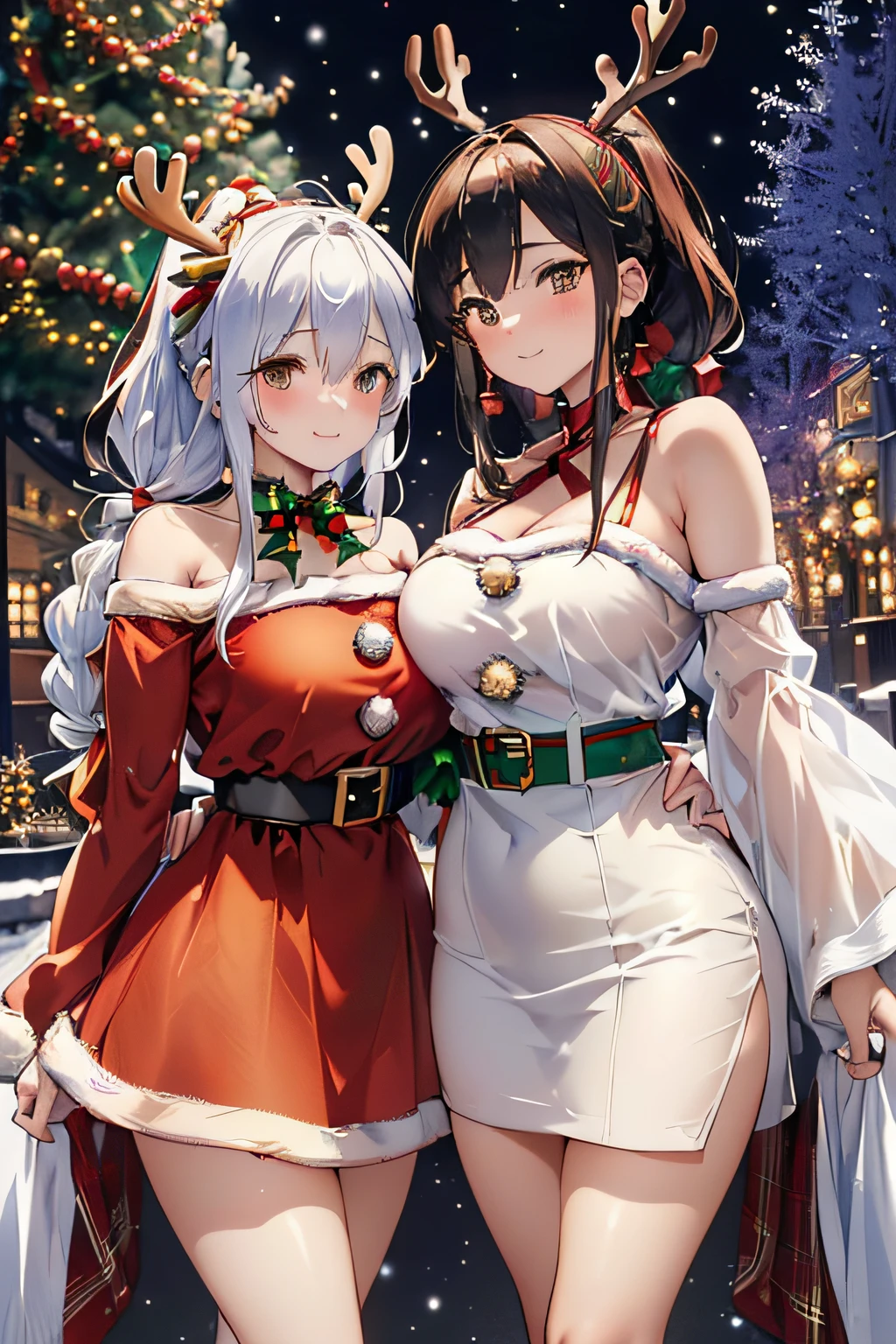 (highest quality:1.3)、(masterpiece:1.3)、(High resolution:1.3)、Beautiful girl alone、(Flying over a residential area:1.3)、Christmas、Yuki、(Bright bronze hair:1.3)、(medium hair)、(Against the background of the starry sky)、detailed face、grin and laugh、orange eyes、(Bridizisium Chest、(Navel exposed:1.3)、devil's horns、devil's wings、(Christmas Costumes:1.3)、((topless、nipple、nsfw))、(two piece)、santa hat、Bright residential area、illumination、black boots、floating gift box、outside、white knee socks、Glossy skin、full body shot、BREAK reindeer doll、BREAK Snowman Doll