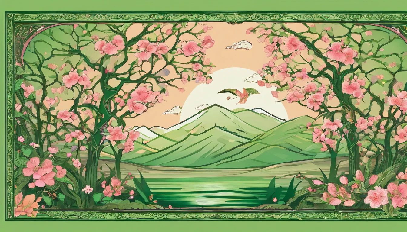 Green background，Equinox season，Willow trees on the shore，peach blossom，kite，3D，Ultra-high sharpness，超高分辨率，Many elements