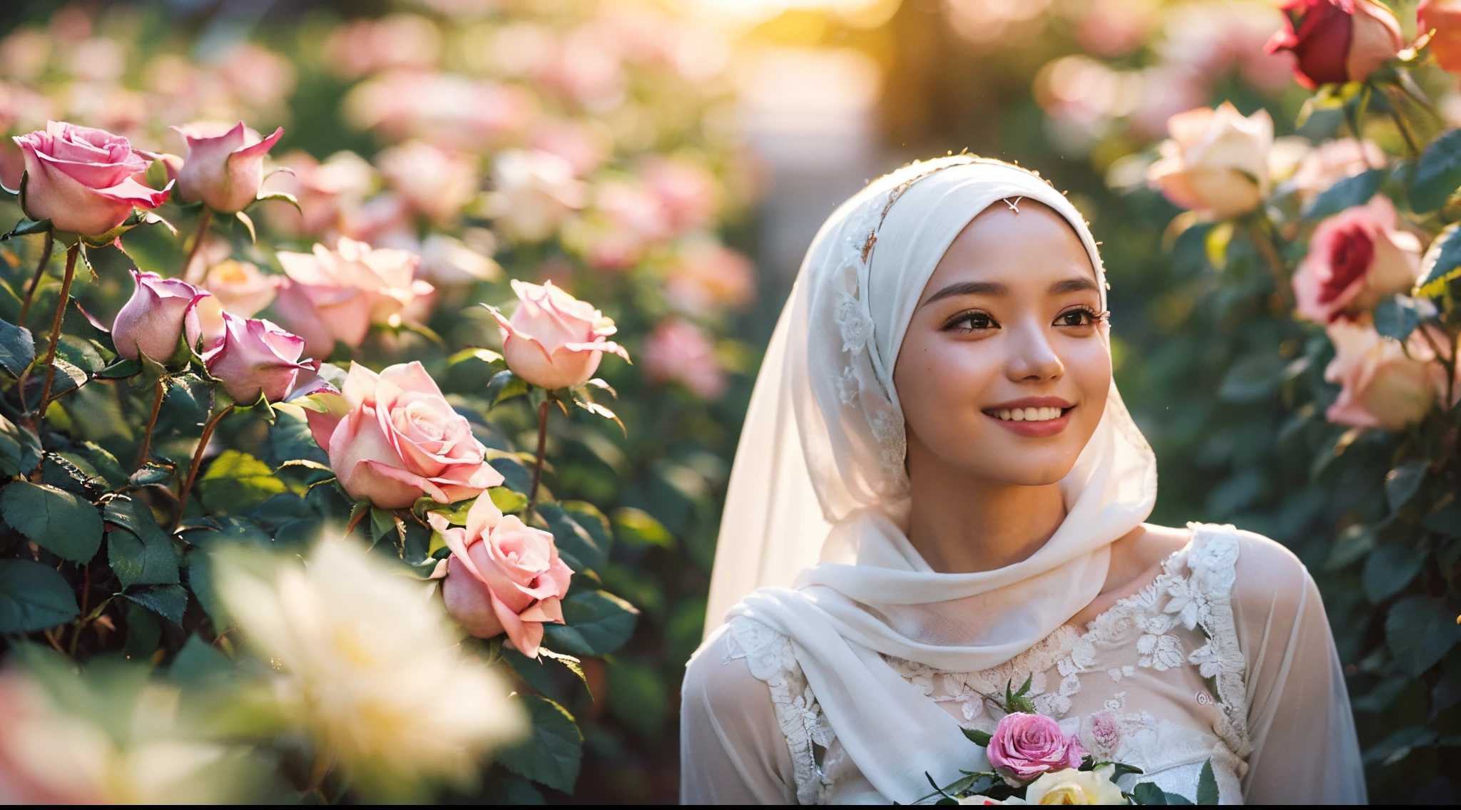 ((((Depth of field))),((((Sunset backlit),((Slim body)))),back light, malay girl with very long white hijab, 20 years old, twilight rays, modest white wedding dress, flower crown, (((Rose tunnel))), rose front blur, bokeh, photorealistic, surrounded by colorful roses, ((smiling)))))), (mouth closed)))),(1 malay girl in hijab), ( Sunset:1.3), (8k, RAW photography, best quality, masterpiece:1.2), (realistic, photorealistic:1.37), best quality, ultra high resolution,(standing in a flower garden:1.3), (vivid and colorful:1.3), bokeh, extreme close up shot, ultra detail, pastel color grading,