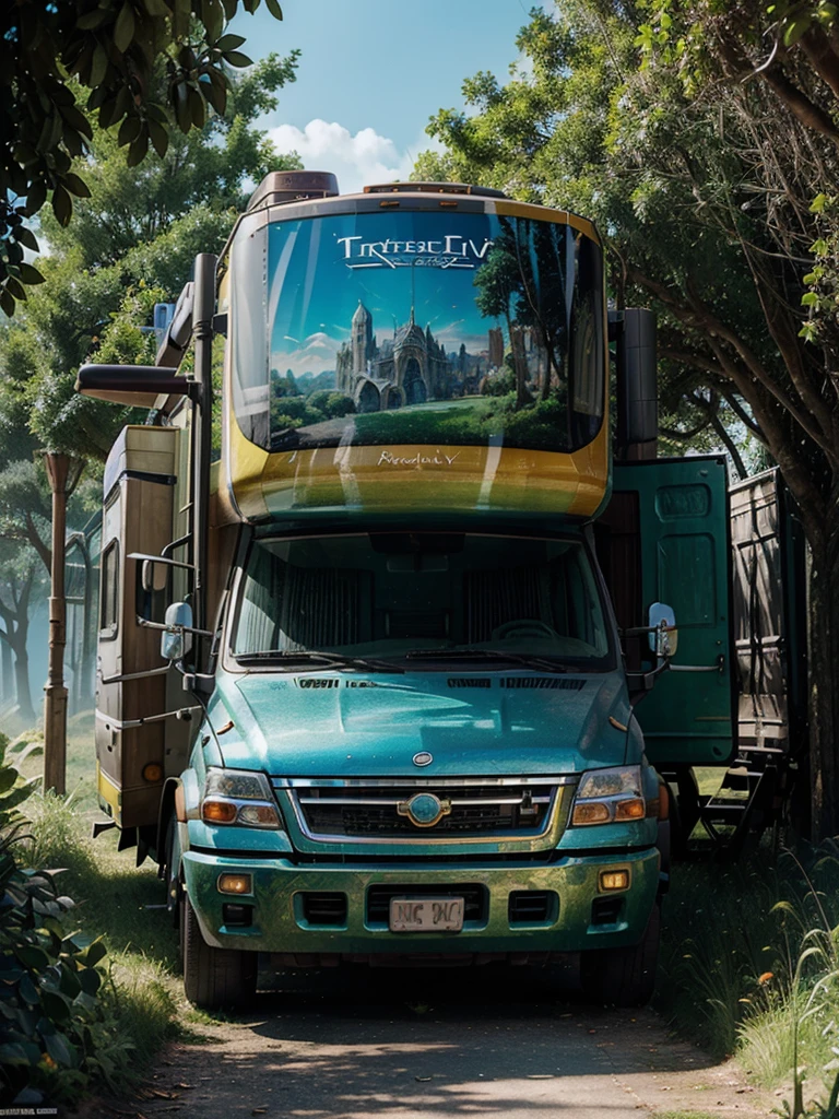 masterpiece, concept art, fantasy theme, (fantasy RV vehicle:1.2), vibrant color, fantasy mythical ancient city background, overgrown, volumetric lighting, global illumination, HD