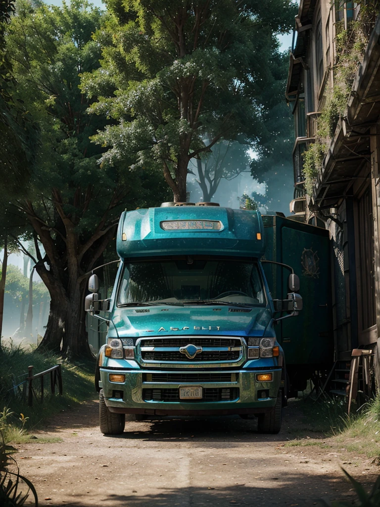 masterpiece, concept art, fantasy theme, (fantasy RV vehicle:1.2), vibrant color, fantasy mythical ancient city background, overgrown, volumetric lighting, global illumination, HD