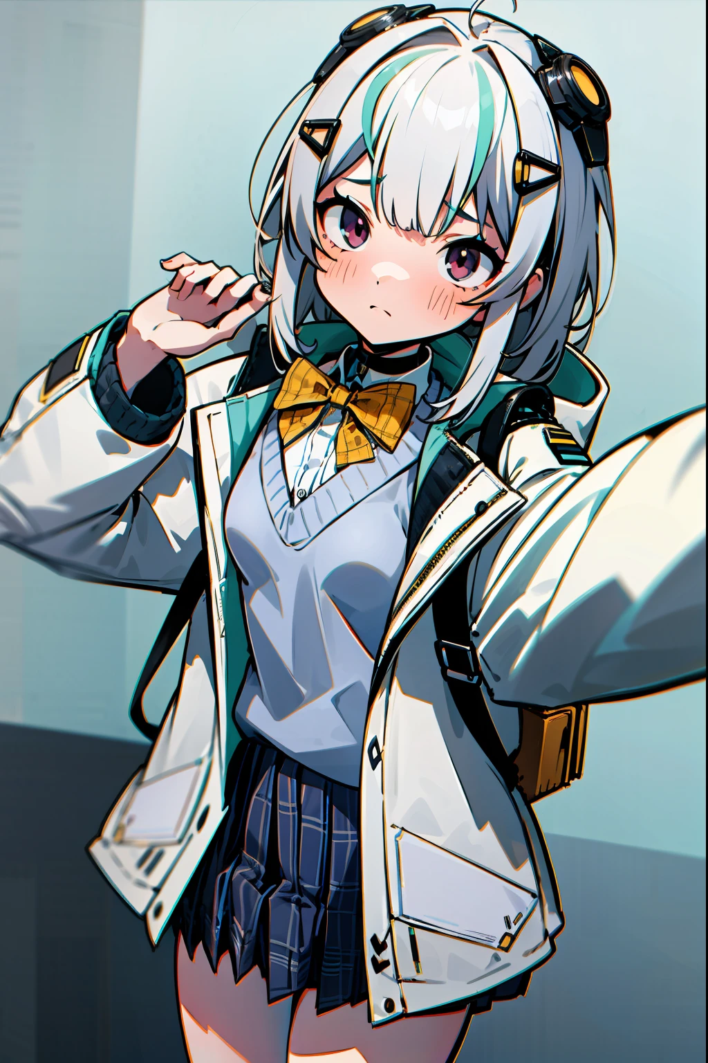 1girl in, masutepiece, Best Quality,selfee,Troubled face,Nikkeadomi, Standing, Solo, Pleated skirt, white longcoat, Plaid, Hair Ornament, bowtie, Sweater Vest, blush, White jacket, grey sweater, yellow bowtie, Small breasts, backpack, White socks, Long sleeves,