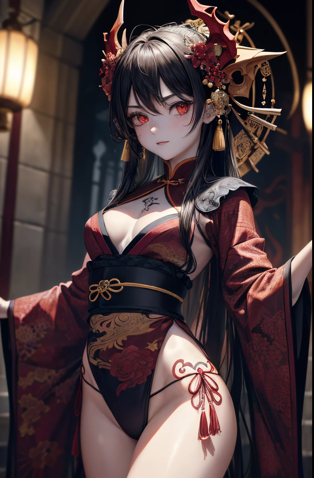 Obra maestra, Calidad superior, Hada china, 1 girl \(loli\) and iris red dragon,((Chinese dragon glaring at the girl)),fondo gris oscuro, Obra maestra, La mejor calidad, alta calidad,(A creature with a dark red glow and red eyes and surrenders to the legendary dragon.:1.2), (en perfil), (en perfil), (oscuridad:1.2), abstraction, aguas profundas, Award-winning photography, Profundidad de campo, HDR, muy detallado, Tendencias en Art Station, Tendencias en CGsociety, complejo, High detail,(Obra maestra: 1.2, La mejor calidad)(better lighting, muy delicado y hermoso)(better lighting, muy delicado y hermoso)(Hermosa cara detallada)(Ojos detallados y cara detallada:1.2), (Young girl, Little Beast, 1girl, solamente, sonrisa loca, Pale skin,Copa G,escote, 19 Piercings,((tatuajes en todo el cuerpo,tatuajes tribales en todas las piernas)) cabello canoso, Ojos rojos brillantes, Dynamic Angle, Vampiros, puntiagudo_orejas,(Profundidad de campo),alto contraste,foto satelital,cuerpo completo,((Kimono chino))),Disfraces punk,