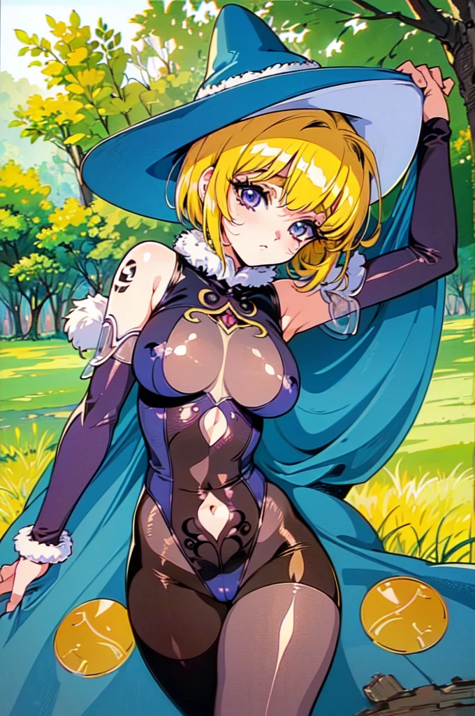 "(masterpiece:1.1), best quality, NSFW, 
1girl, (80s anime style:1.3), (eyelashes:1.5), (:1.2), 
(intricate high detailed body:1.2), 
(yellow hair:1.1), (bangs:1.1), (short hair:1.1), (holy hat:1.2), 
purple eyes, (thick eyebrows:1.1), 
(gigantic breasts:1.1), 
(naughty face:1.2), 
(see-through cloth body suit armor, navel cutout, tattoo:1.2), (pantyhose:1.2), 
(fur:1.1), (accessories:1.1), long gloves, 
standing, leaning forward, 
(upper body, cowboy shot, looking at viewer, from front:1.1),
(daytime, grassland, outdoors:1.2)"