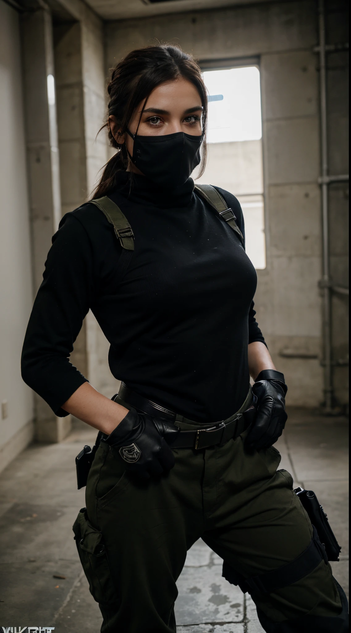 Woman, purple eyes, wearing a ninjaskin mask, wearing a military uniform, black slightly brownish hair, woftcut hairstyle, Hair tied, holding a weapon, full body, beautiful, good resolution, HD