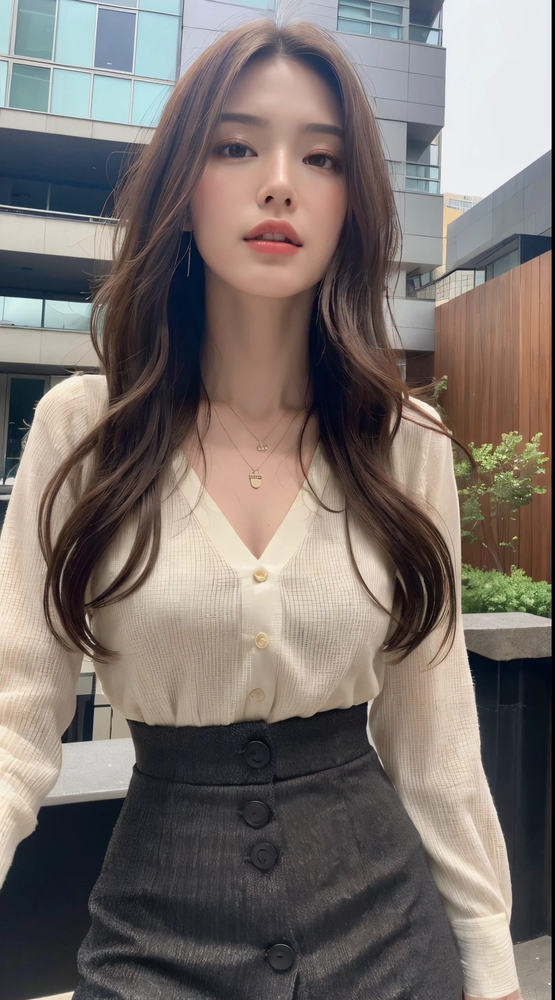 (Best quality, high resolution, masterpiece: 1.3), a tall and beautiful woman, slender abs, dark brown hair in loose wavy styling, breasts, wearing a pendant, white button-down shirt, black skirt, (modern architecture in the background), face and skin texture in beautifully presented details, detailed eyes, double eyelids