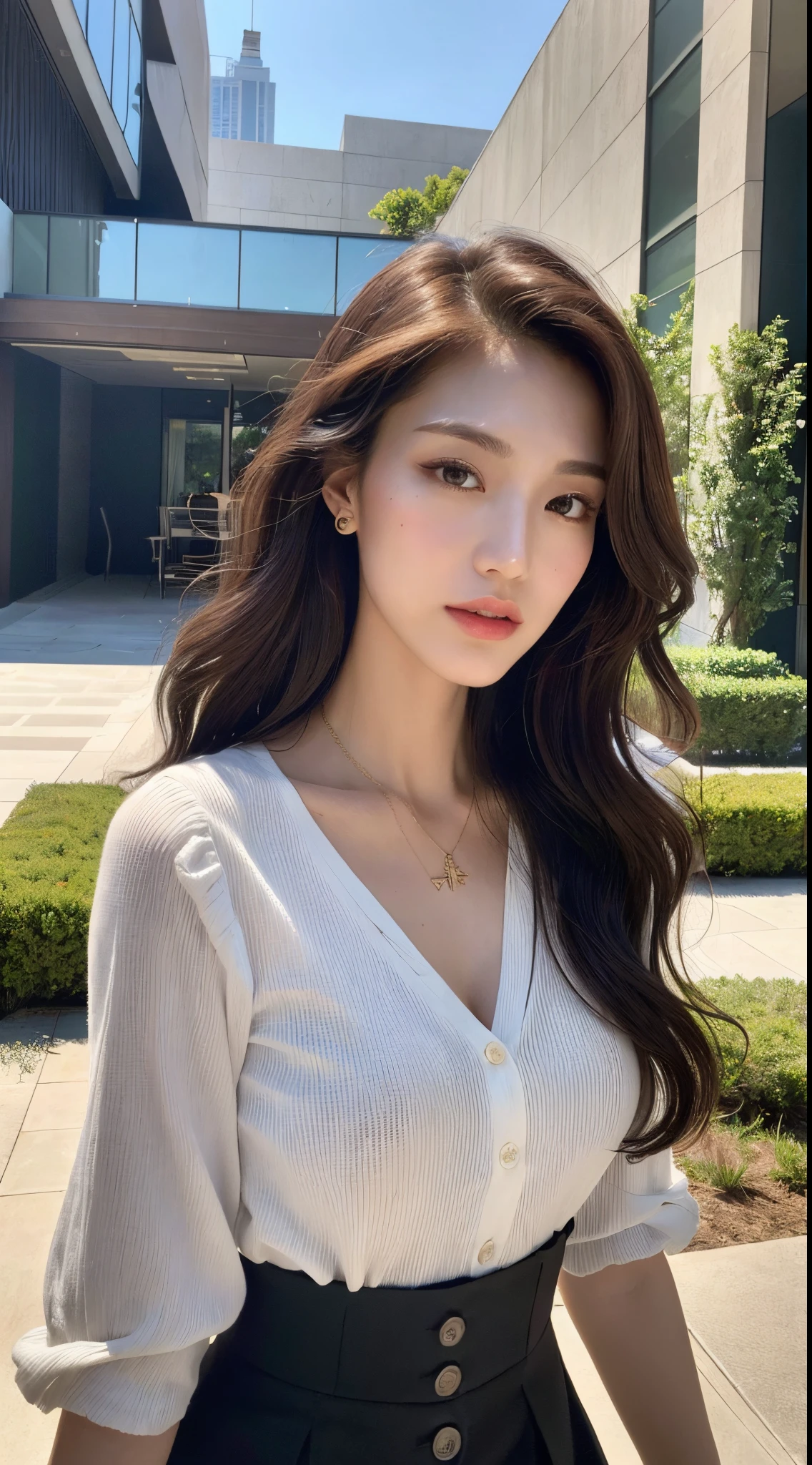(Best quality, high resolution, masterpiece: 1.3), a tall and beautiful woman, slender abs, dark brown hair in loose wavy styling, breasts, wearing a pendant, white button-down shirt, black skirt, (modern architecture in the background), face and skin texture in beautifully presented details, detailed eyes, double eyelids