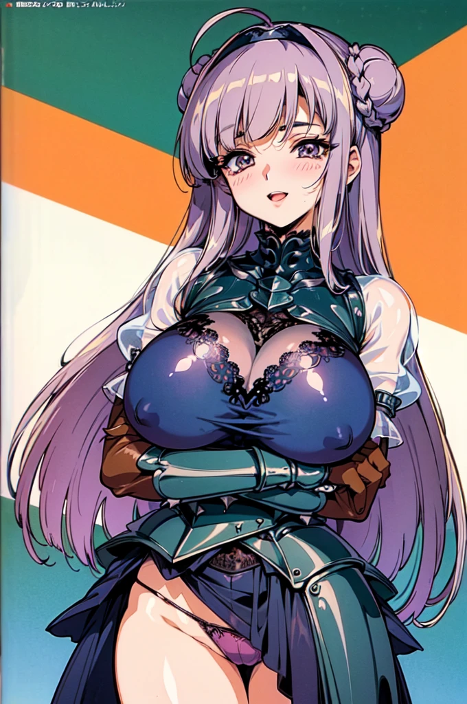 "(masterpiece:1.1), best quality, NSFW,
1girl, (80s anime style:1.3), (eyelashes:1.5), (loli:1.2),
(intricate high detailed body:1.2),
(indigo hair:1.1), (blunt bangs:1.1), (long hair, twin bun:1.1), (headband:1.2),
brown eyes, (lip stick:1.3),
(gigantic breasts:1.5),
(happy, smile:1.2), (blush:1.1), open mouth,
(see-through lace bikini armor, corset:1.2), (mini skirt:1.2),
(spiked knight armor, armored boots:1.2), (suspenders:1.1), (streaked hair:1.2), long gloves,
standing, crossed arms,
(upper body, cowboy shot, looking at viewer, from front:1.1),
(daytime, grassland, outdoors:1.2)"