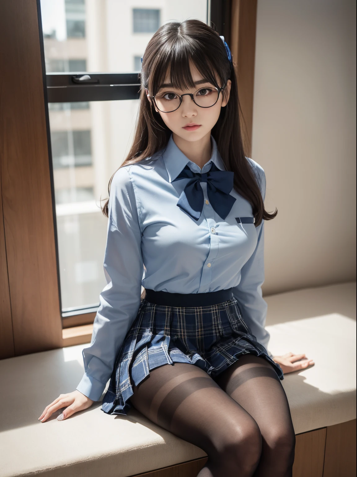 （8K、Raw photography、top-quality、​masterpiece：1.2),Show、Black pantyhose,absurderes,a small face,Chest is open、Parting the bangs from the middle、Forehead visible,(Tight eyes,Bullish,skinny,Rasping,irate)、​masterpiece,top-quality、超A high resolution,Raw photo,ren,Beautiful fece,One Person, 独奏,eye glass,,Dark look,fullllbody,Round glasses、cute little、A Japanese Lady,is standing,(Tight eyes,Bullish,skinny、（Photorealsitic：1.37）、Photon mapping,Light blue ribbon,Realistic、Cute little face,Brown-eyed、Black socks、(Red bow tie)、Radio City、Physically Based Rendering、Foreground、depth of fields、Blurry background、a picture,The girls、Body, Long legs, Thin leg,poneyTail,(Bangs are visible), hair, s lips, Blue_The eye, nosesoft,White lingerie, Navy blue and white plaid pleated skirt, Knees are visible,Sheer clothing,, Thigh, Black cotton socks,Nogizaka Idol, 女優, Japanese ido、large boob、Expose your breasts, (NSFW:1,7), pubic hair, spread legs, view from below, , transparent outfit, cameltoe, nipple, hard nipples, huge breasts