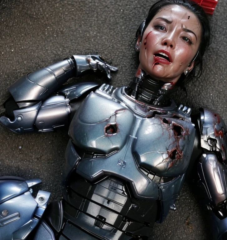 ((lying on your back on the ground))((Fulll body Shot))Middle-aged woman　short-haired、Sweaty face、Heavy robot suit with red body、Full body red and black armor, Black hair、Heavy Cyborg、Sweaty face、groggy expression、Open the legs、((severely damaged body))、Opening Mouth、、((Drooling from the mouth..)) sexy eye　squatt　The  is visible